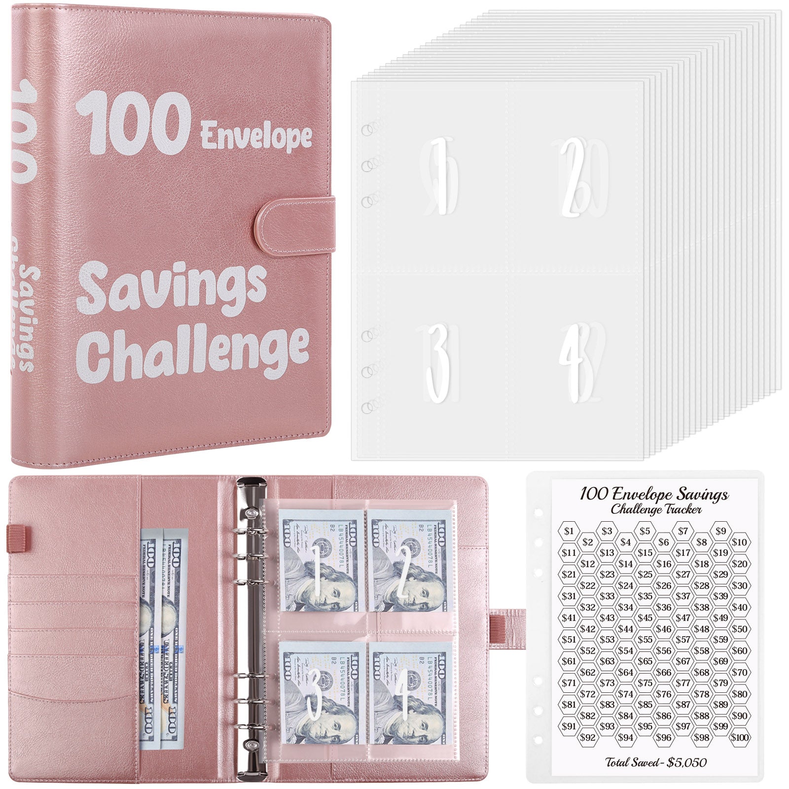 SKYDUE 100 Envelopes Money Saving Challenge Binder, A5 Money Saving Budget Binder with Cash Envelopes - Savings Challenges Book to Save $5,050