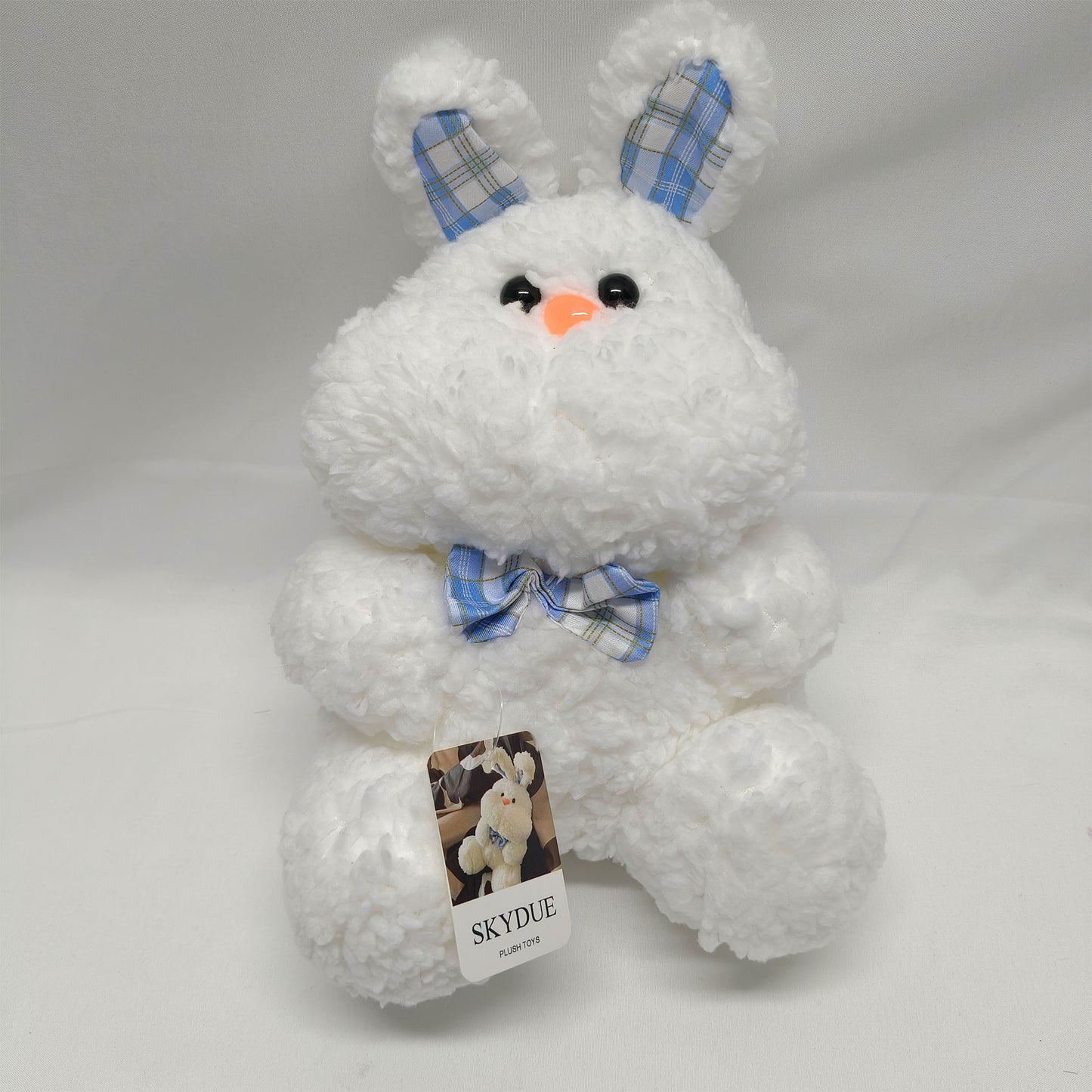 SKYDUE Cute Bunny Plush Toys – Soft Fluffy Stuffed Animal with Blue Plaid Bow, Adorable Easter Bunny Plush Gift for Kids, Baby, and Bunny Lovers