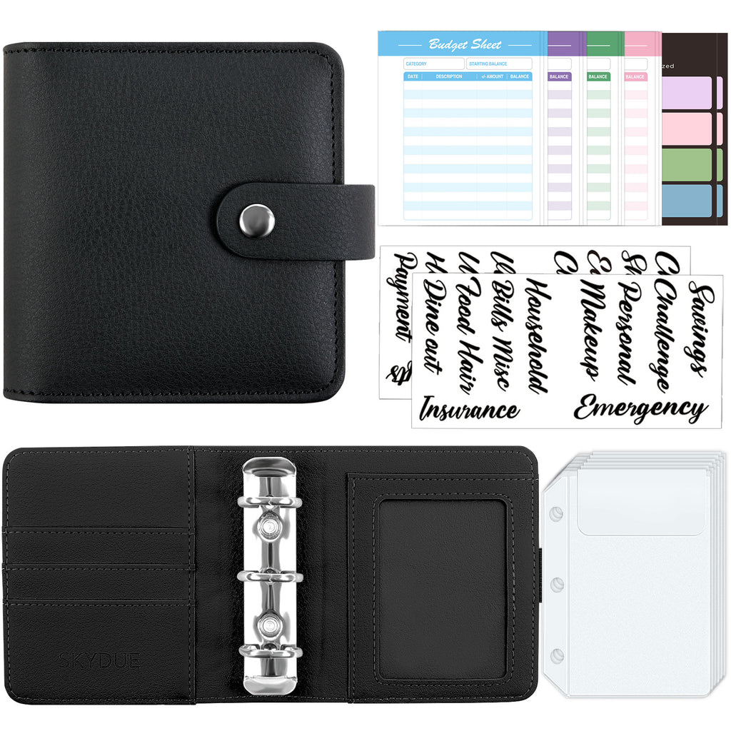 SKYDUE Mini Budget Binder with 12Pcs Cash Envelopes, PU Cash Stuffing Binder, Money Saving Binder with 12Pcs Expense Budget Planner Sheets & 25 Sticky Labels, Cash Envelope Wallet for Budgeting