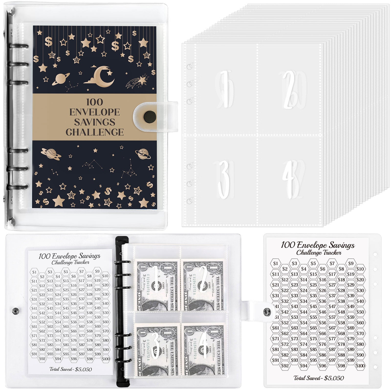 SKYDUE 100 Envelopes Money Saving Challenge Binder, Money Saving Binder with Laminated $5050 Tracker Sheet & Pre-numbered Pockets