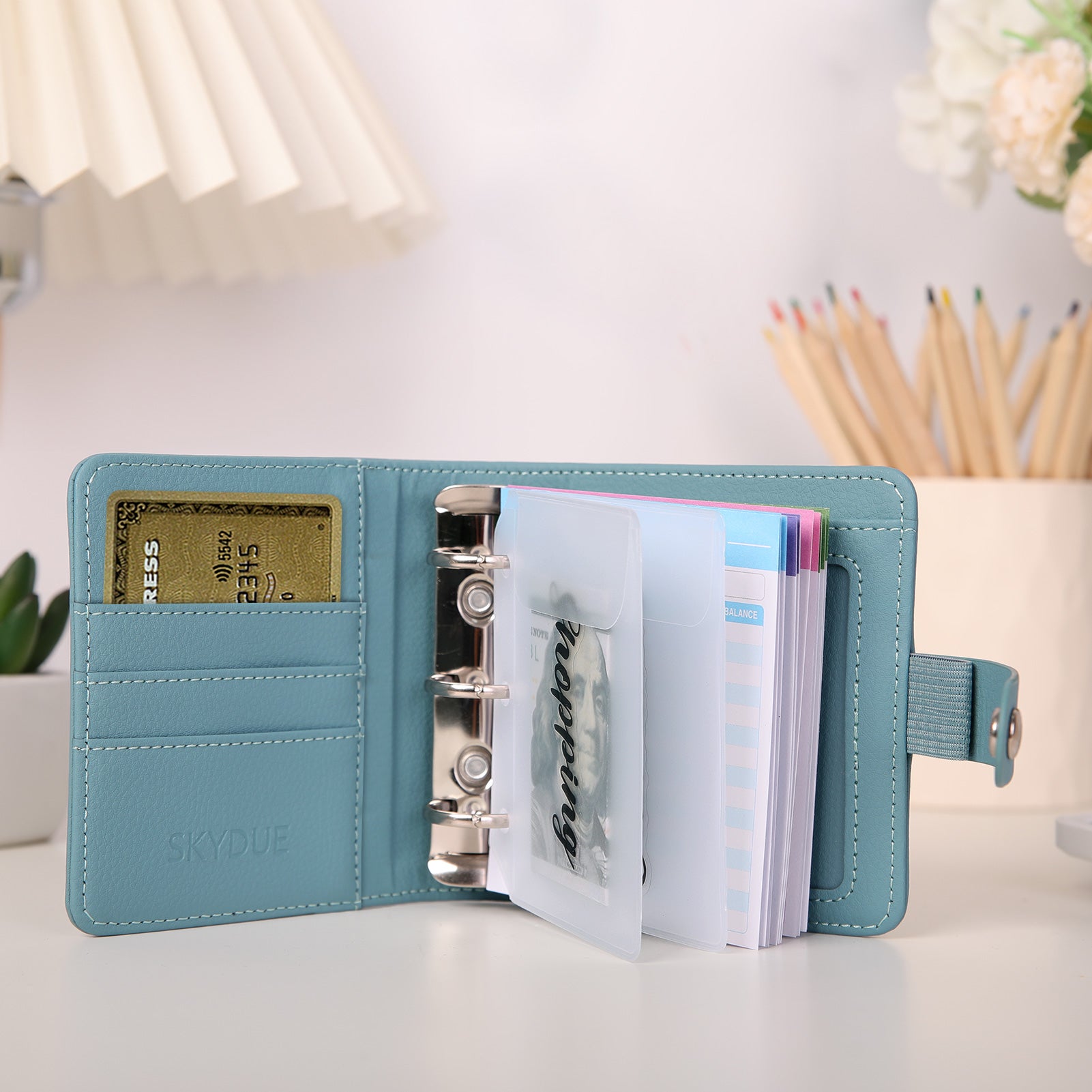 SKYDUE Mini Budget Binder with 12Pcs Cash Envelopes, PU Cash Stuffing Binder, Money Saving Binder with 12Pcs Expense Budget Planner Sheets & 25 Sticky Labels, Cash Envelope Wallet for Budgeting