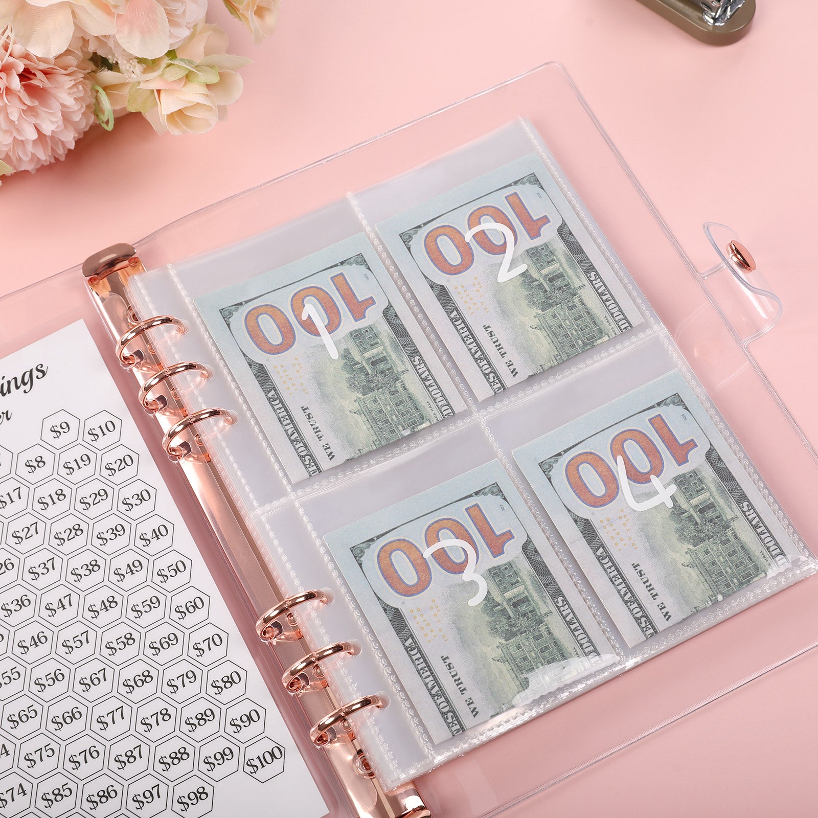 SKYDUE 100 Envelopes Money Saving Challenge Binder, Money Saving Binder with Laminated $5050 Tracker Sheet & Pre-numbered Pockets