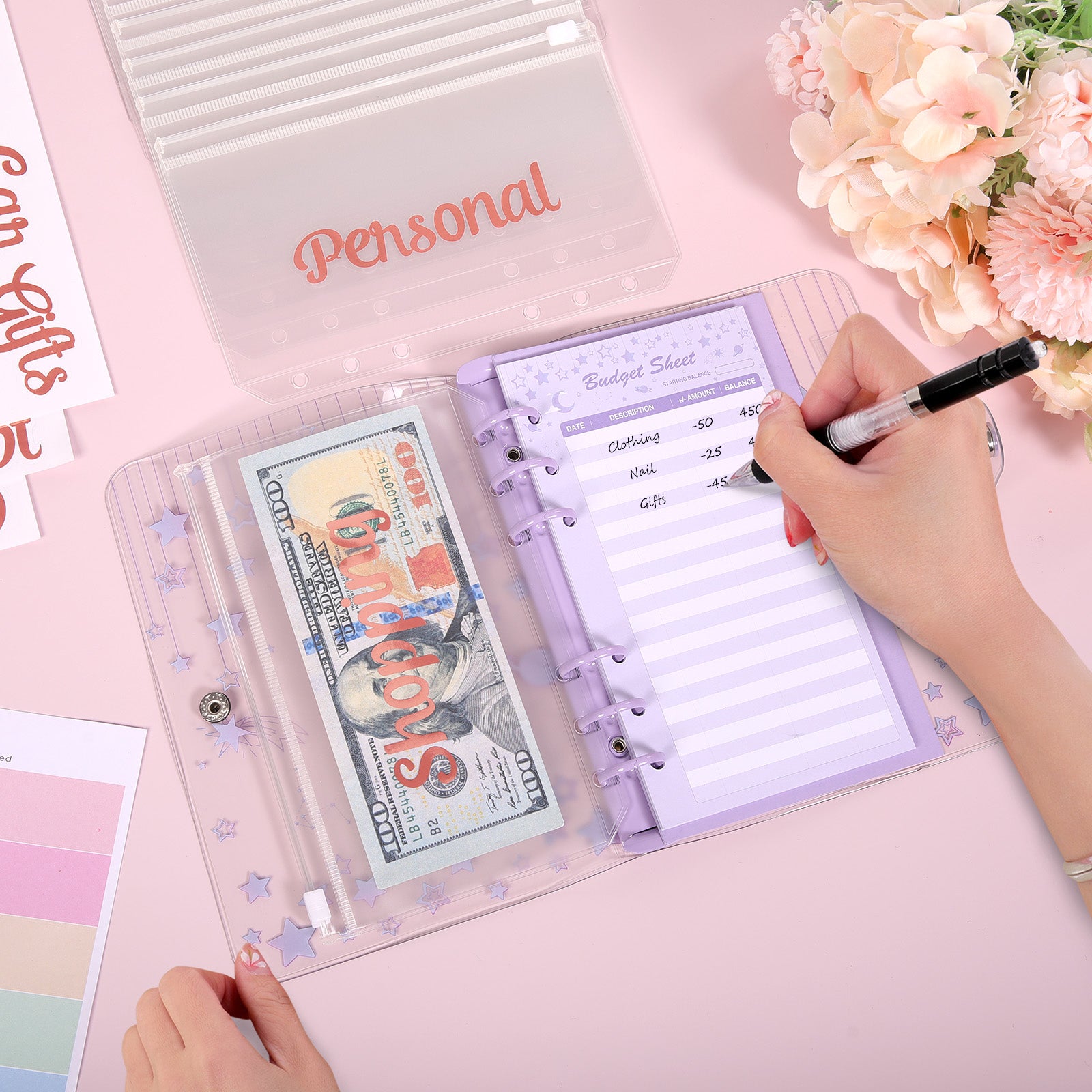 SKYDUE A6 Budget Binder with Zipper Envelopes, Cute Money Saving Binder, Budget Book with 8Pcs Cash Envelopes, 12pcs Expense Budget Planner Sheets & 24 Sticky Labels