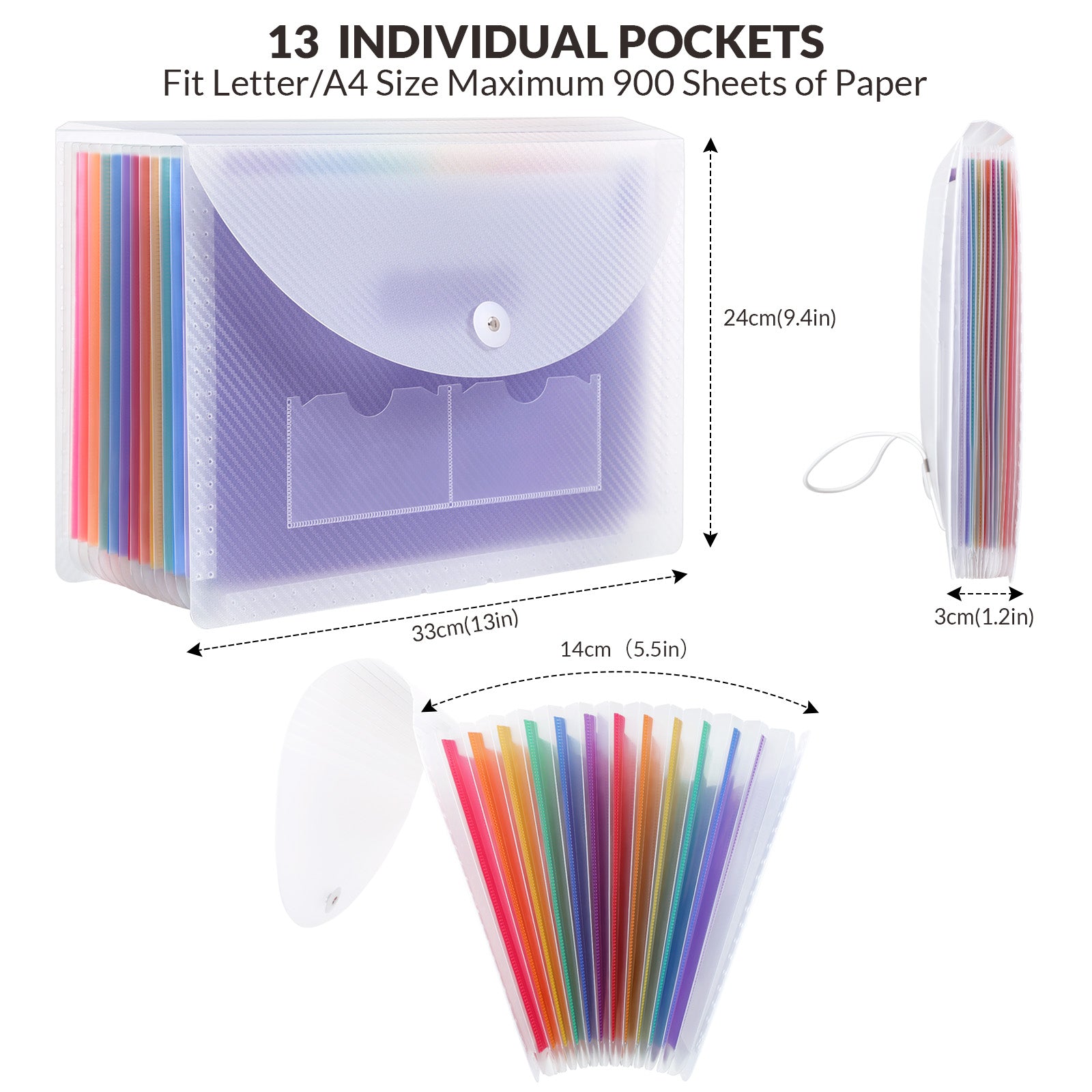 SKYDUE Expanding File Folders,13 Pockets Accordian File Organizer,Letter Size/A4 Document Organizer with Colored Tabs and Expandable Cover, Suit for Classroom, Home, Office and Travel