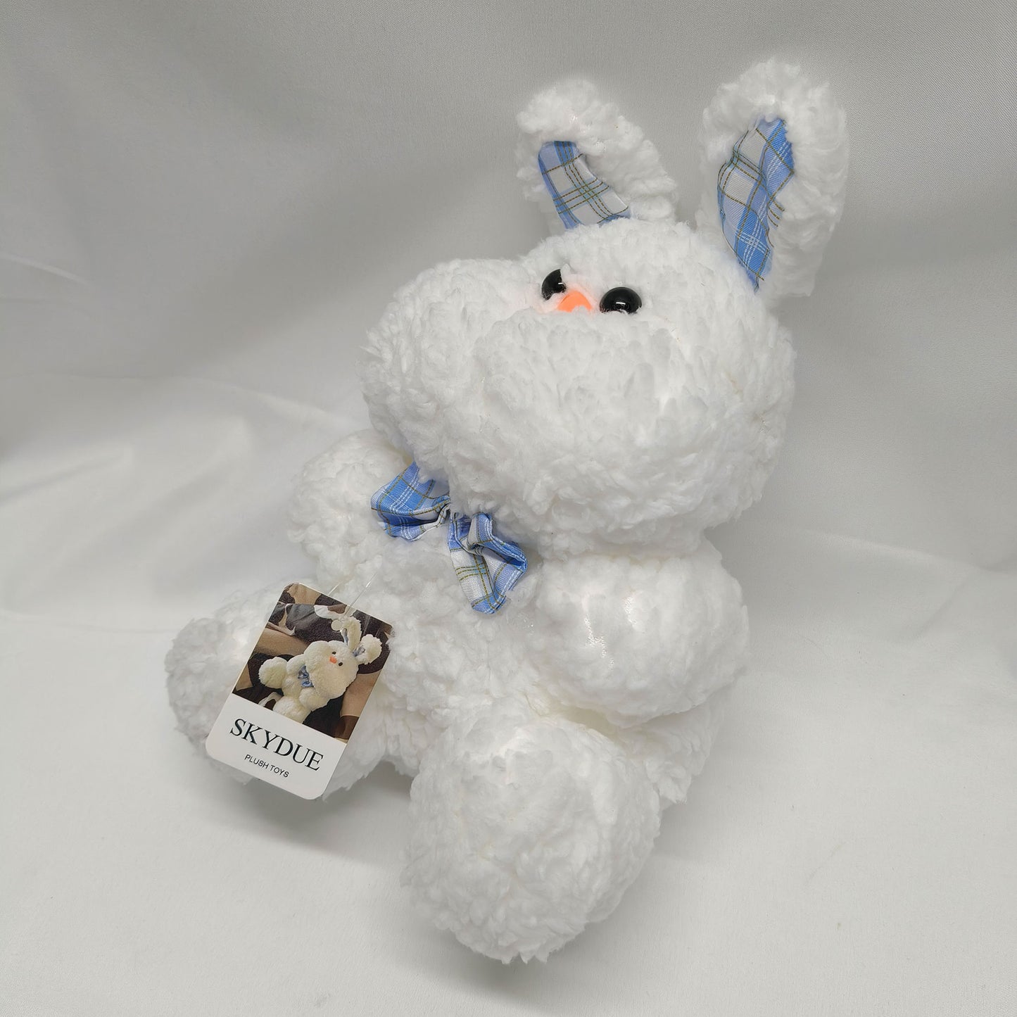 SKYDUE Cute Bunny Plush Toys – Soft Fluffy Stuffed Animal with Blue Plaid Bow, Adorable Easter Bunny Plush Gift for Kids, Baby, and Bunny Lovers