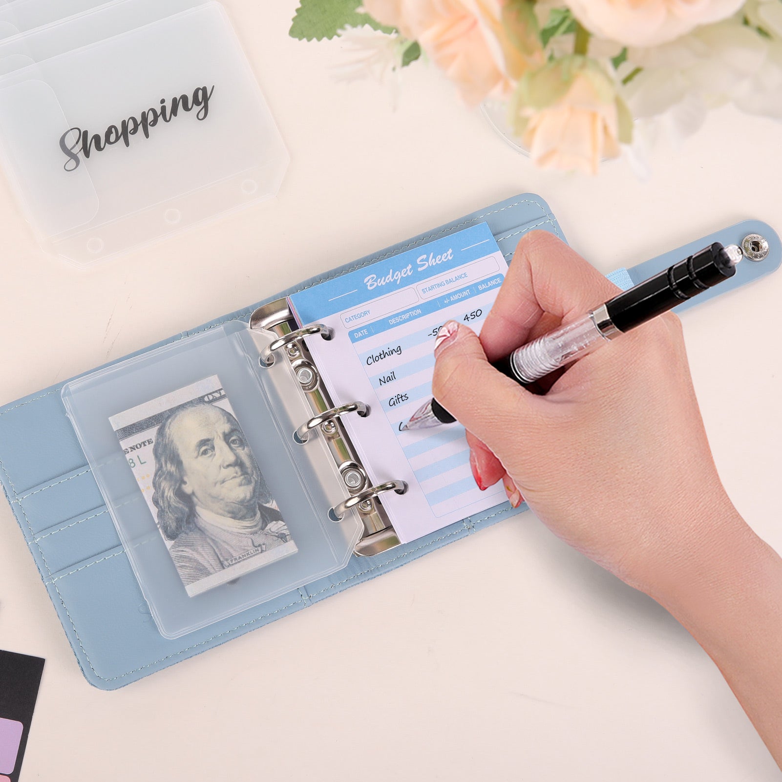 SKYDUE Mini Budget Binder with 12Pcs Cash Envelopes, PU Cash Stuffing Binder, Money Saving Binder with 12Pcs Expense Budget Planner Sheets & 25 Sticky Labels, Cash Envelope Wallet for Budgeting