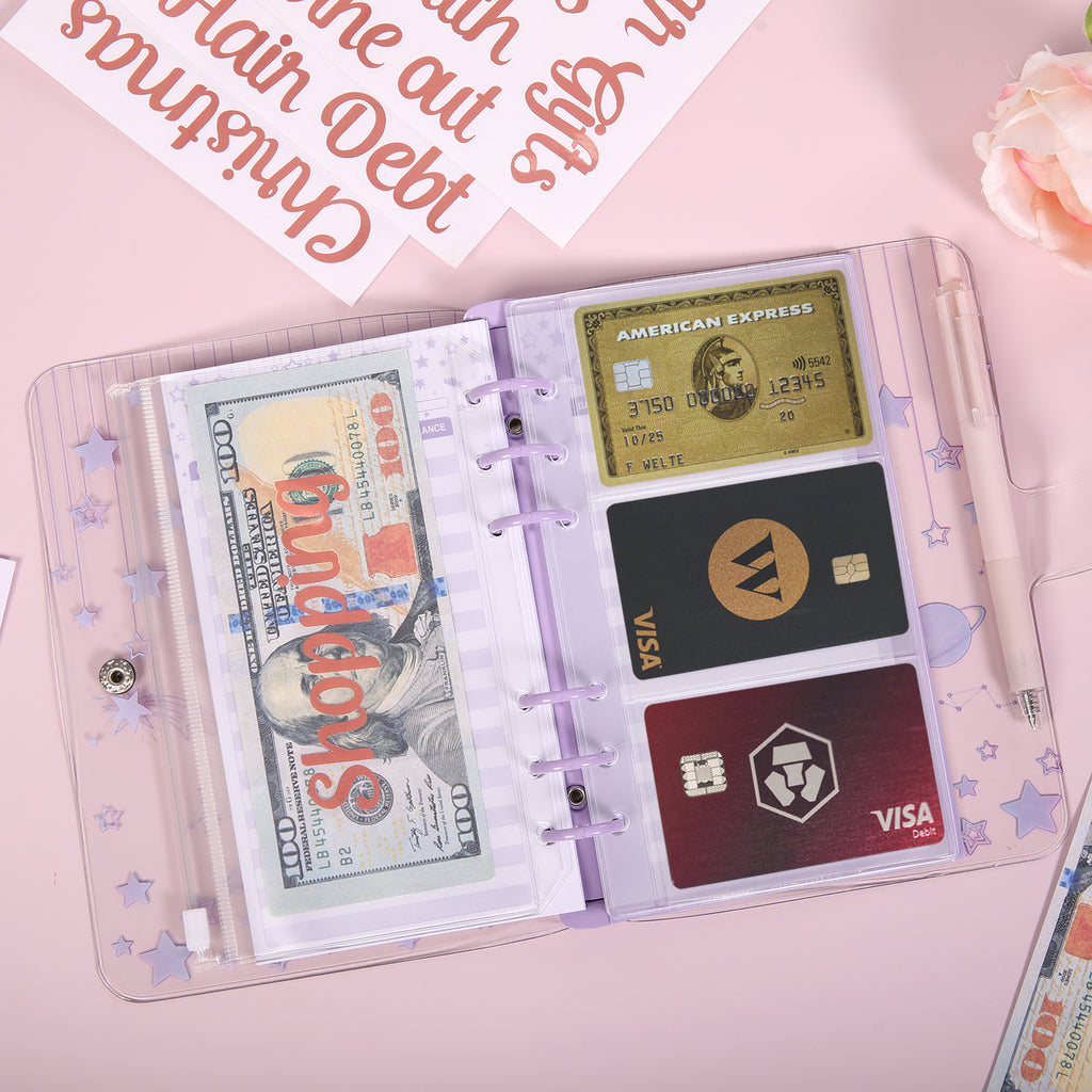 SKYDUE A6 Budget Binder with Zipper Envelopes, Cute Money Saving Binder, Budget Book with 8Pcs Cash Envelopes, 12pcs Expense Budget Planner Sheets & 24 Sticky Labels