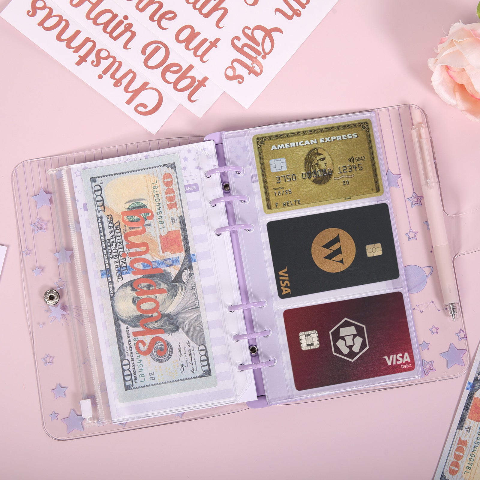 SKYDUE A6 Budget Binder with Zipper Envelopes, Cute Money Saving Binder, Budget Book with 8Pcs Cash Envelopes, 12pcs Expense Budget Planner Sheets & 24 Sticky Labels