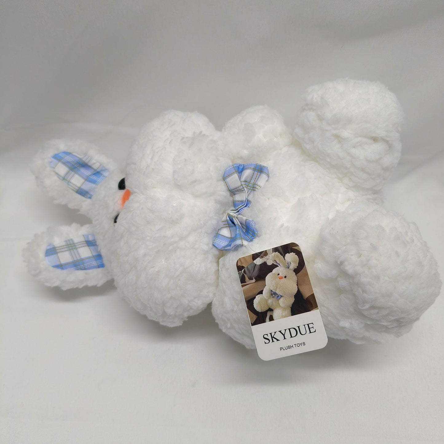 SKYDUE Cute Bunny Plush Toys – Soft Fluffy Stuffed Animal with Blue Plaid Bow, Adorable Easter Bunny Plush Gift for Kids, Baby, and Bunny Lovers