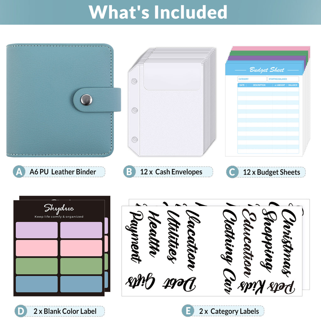 SKYDUE Mini Budget Binder with 12Pcs Cash Envelopes, PU Cash Stuffing Binder, Money Saving Binder with 12Pcs Expense Budget Planner Sheets & 25 Sticky Labels, Cash Envelope Wallet for Budgeting
