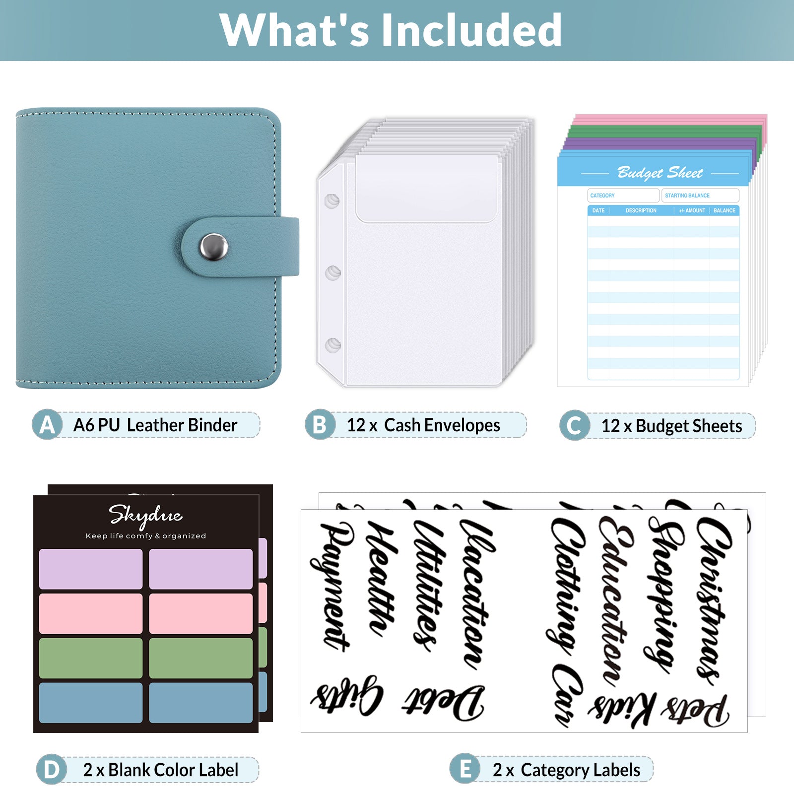 SKYDUE Mini Budget Binder with 12Pcs Cash Envelopes, PU Cash Stuffing Binder, Money Saving Binder with 12Pcs Expense Budget Planner Sheets & 25 Sticky Labels, Cash Envelope Wallet for Budgeting