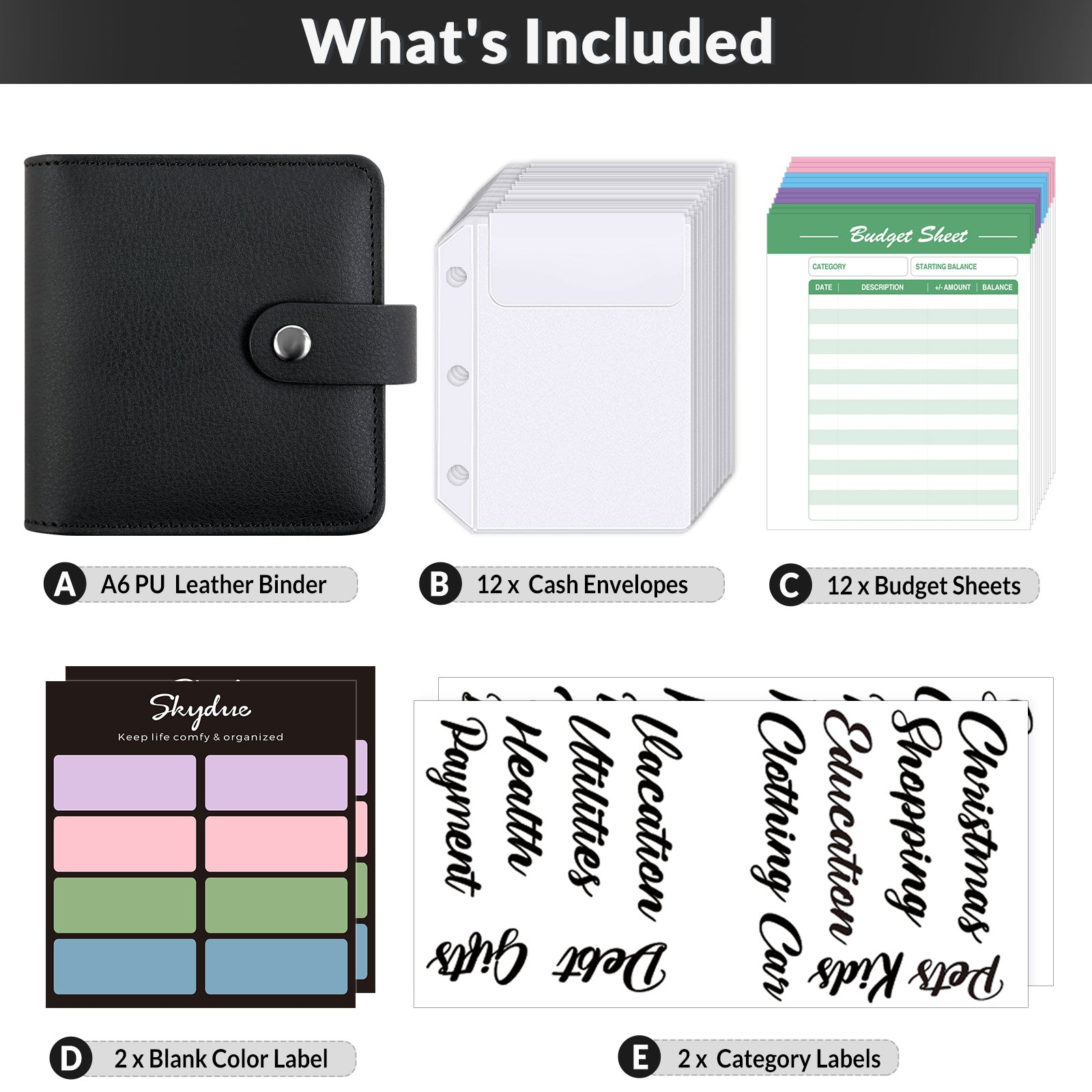 SKYDUE Mini Budget Binder with 12Pcs Cash Envelopes, PU Cash Stuffing Binder, Money Saving Binder with 12Pcs Expense Budget Planner Sheets & 25 Sticky Labels, Cash Envelope Wallet for Budgeting