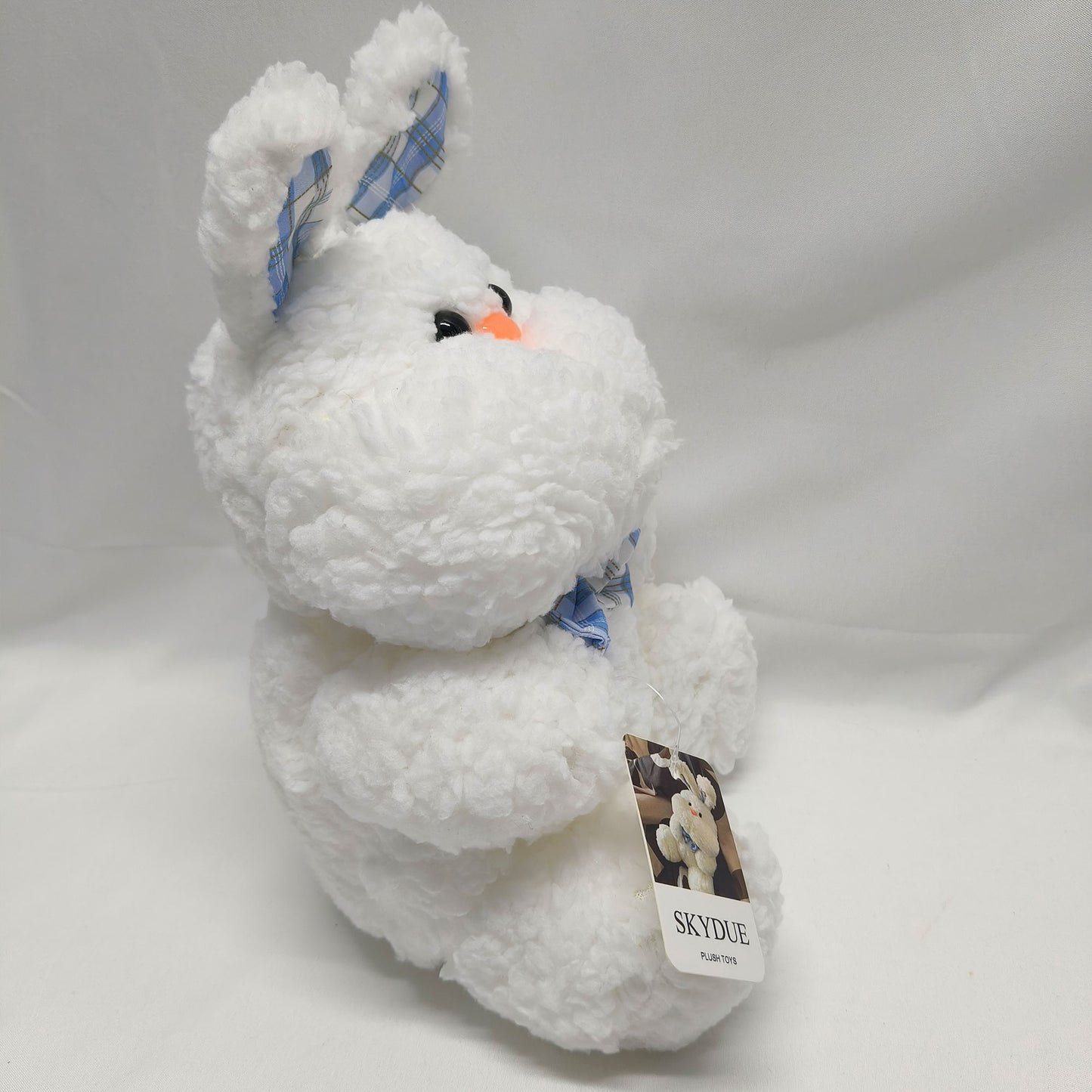 SKYDUE Cute Bunny Plush Toys – Soft Fluffy Stuffed Animal with Blue Plaid Bow, Adorable Easter Bunny Plush Gift for Kids, Baby, and Bunny Lovers
