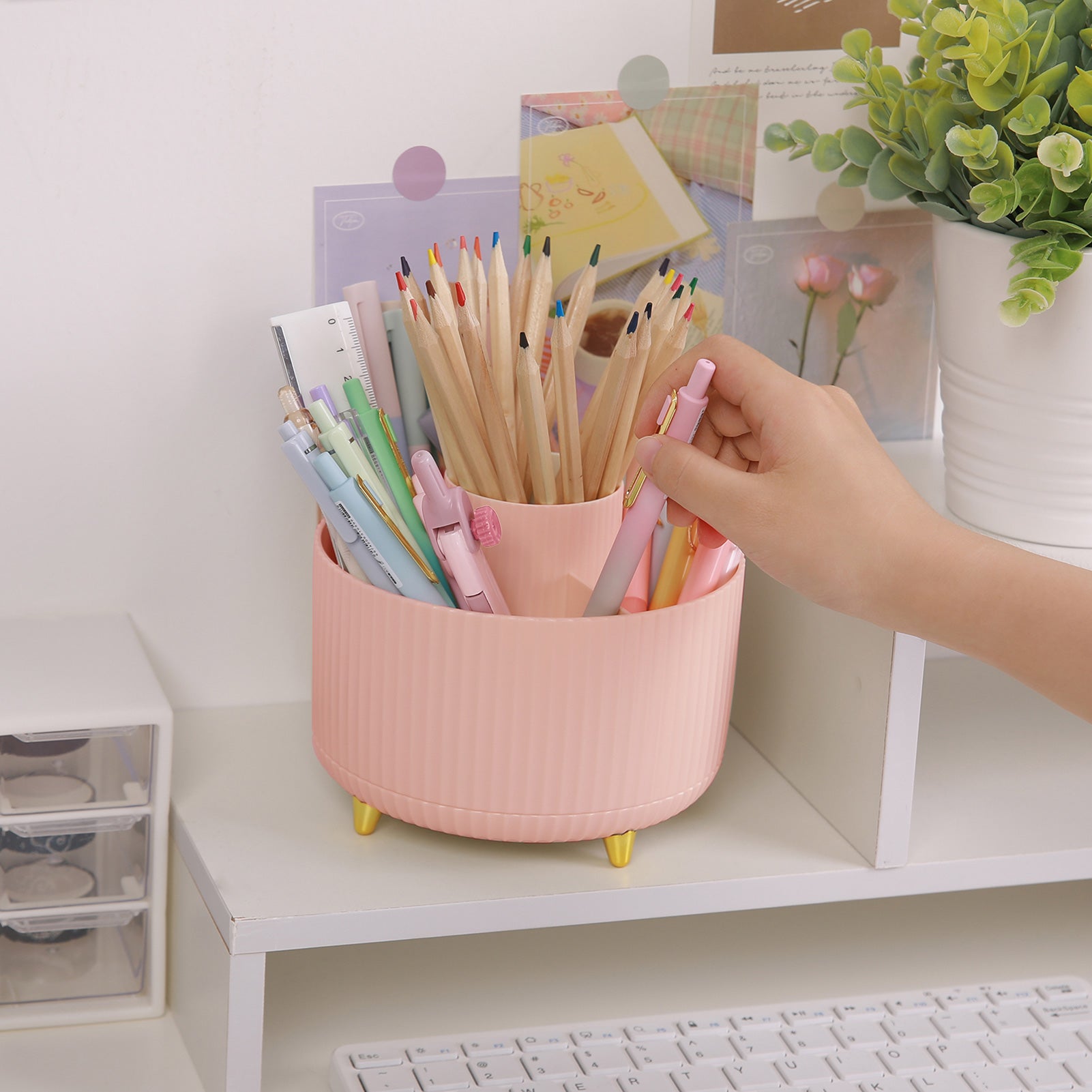 SKYDUE 360 Degree Rotating Desk Organizer, Dual-Purpose Pencil Pen Holder for Desk, Rotating Desk Pen Organizer with 5 Slots, Pencil Cup for Office, School, Home