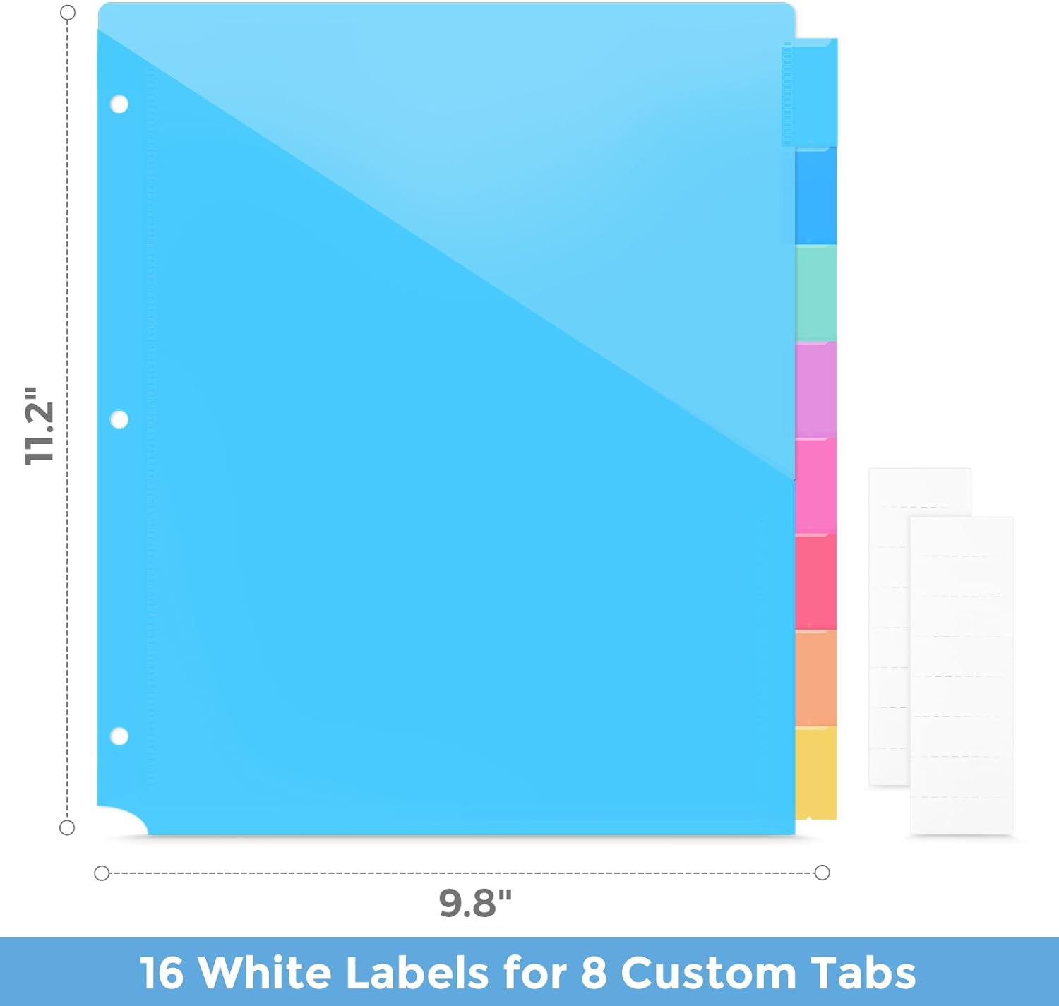SKYDUE Binder Dividers with Tabs and Pockets,8 Tab Dividers for 3 Ring Binder, Plastic Binder Dividers with 2 Pockets & 16 Blank Labels, Blue