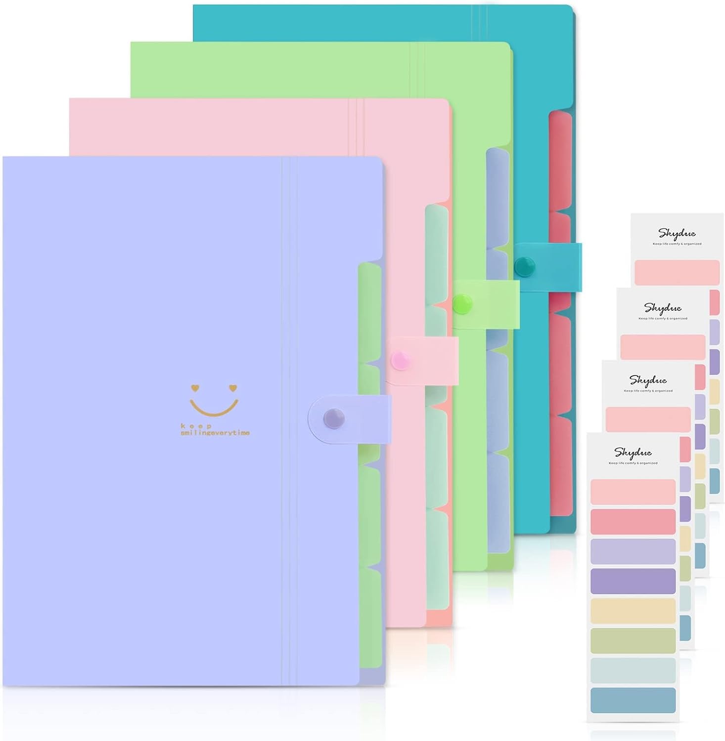 SKYDUE Expanding File Folders with 5 Pockets, Accordion File Organizer with 32 Labels, Portable Document Paper Organizer, Filing Folders, Letter / A4 Size, Pack of 4