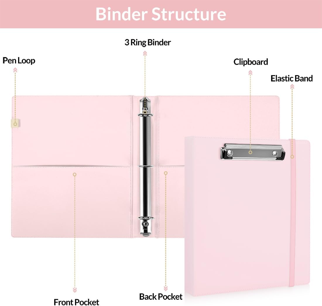 SKYDUE Clipboard Binder with Refillable Notepad, PU Clipboard Folder Includes 5 Dividers with 10 Pockets, Labels, 3 Ring Binder 1 Inch for School Office (Fit Letter Sized Paper),Olivegreen
