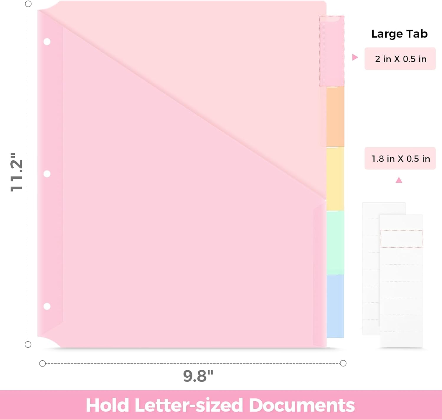 SKYDUE Binder Dividers with Two Pockets, 1Set, 5 Tabs Dividers for 3 Ring Binder, Plastic Binder Dividers with Tabs for School, Office, and Home Organization,Pink