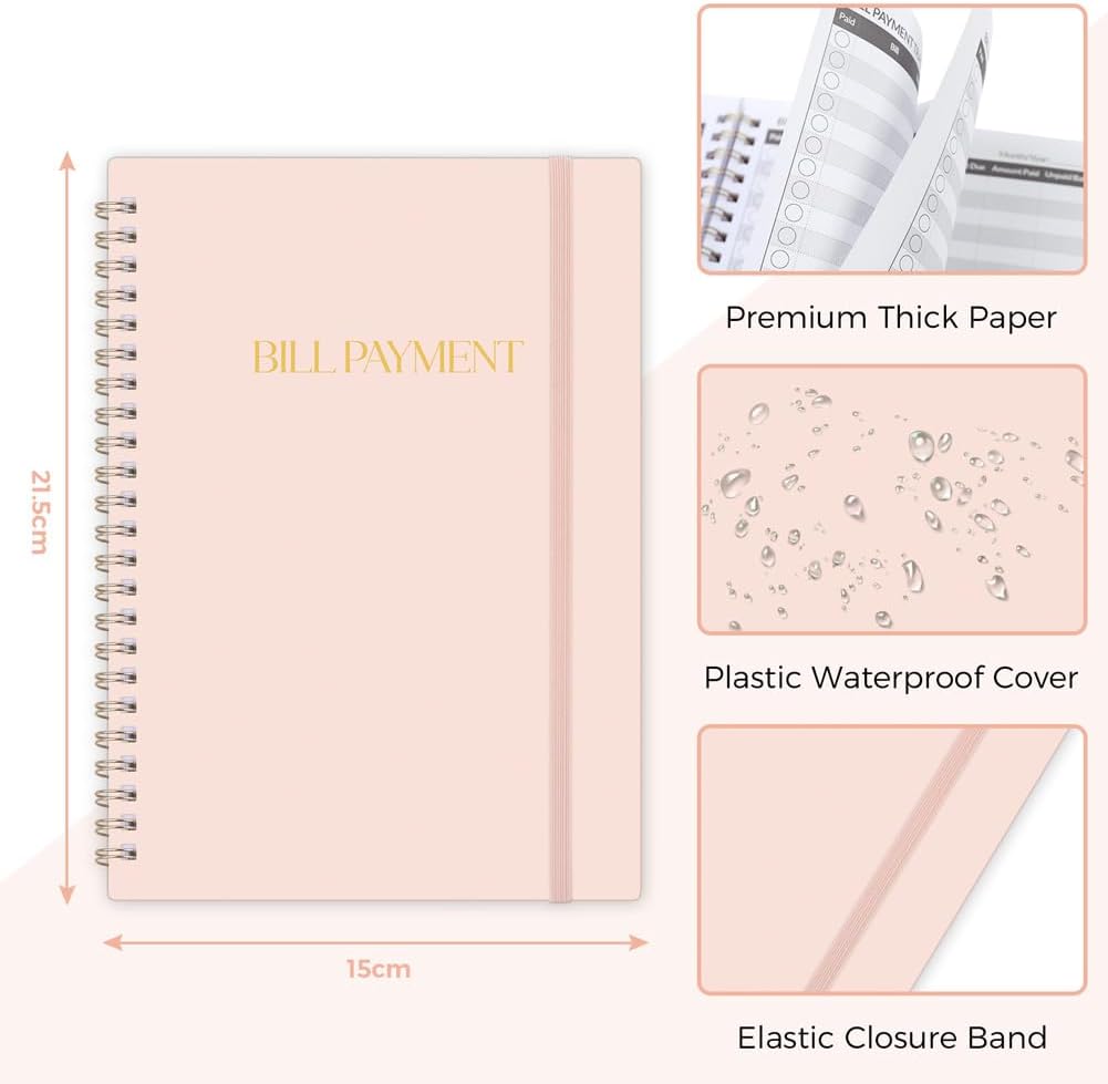 Bill Tracker Notebook, Monthly Bill Payment Checklist, 6" x 8.5", Bill Organizer with Back Pocket for Personal Budgeting Financial, 128 Pages