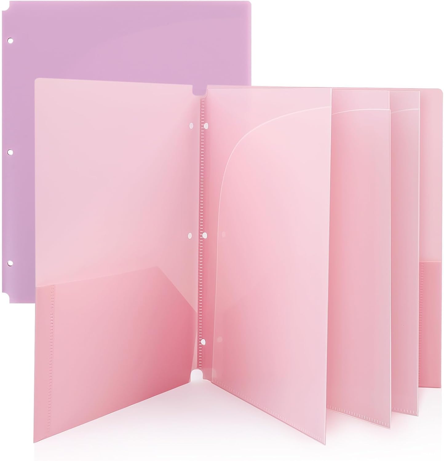 Plastic Pocket Folders，2 Pockets and 3 Dividers, Letter Size – Fits 3-Ring Binders – School Folders for Students & Office Use – Pink & Purple