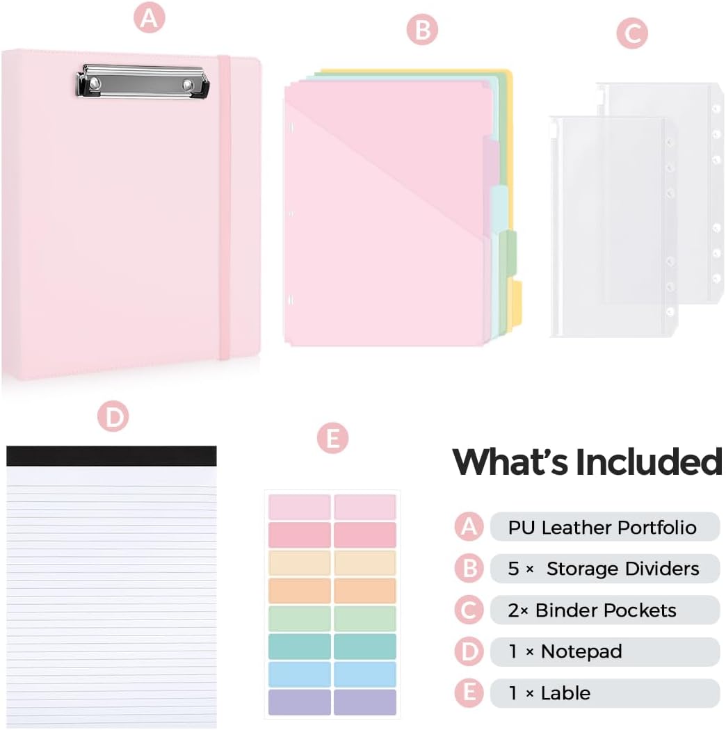SKYDUE Clipboard Binder with Refillable Notepad, PU Clipboard Folder Includes 5 Dividers with 10 Pockets, Labels, 3 Ring Binder 1 Inch for School Office (Fit Letter Sized Paper),Olivegreen