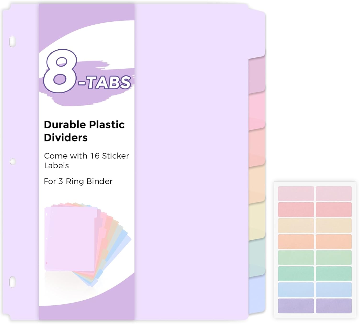 SKYDUE 8 Tab Binder Dividers, Letter Size, Durable Plastic Dividers for 3 Ring Binder, Write & Erase Binder Dividers with Tabs, 1 Set, Aesthetic Pastels Binder Divider for School, Office