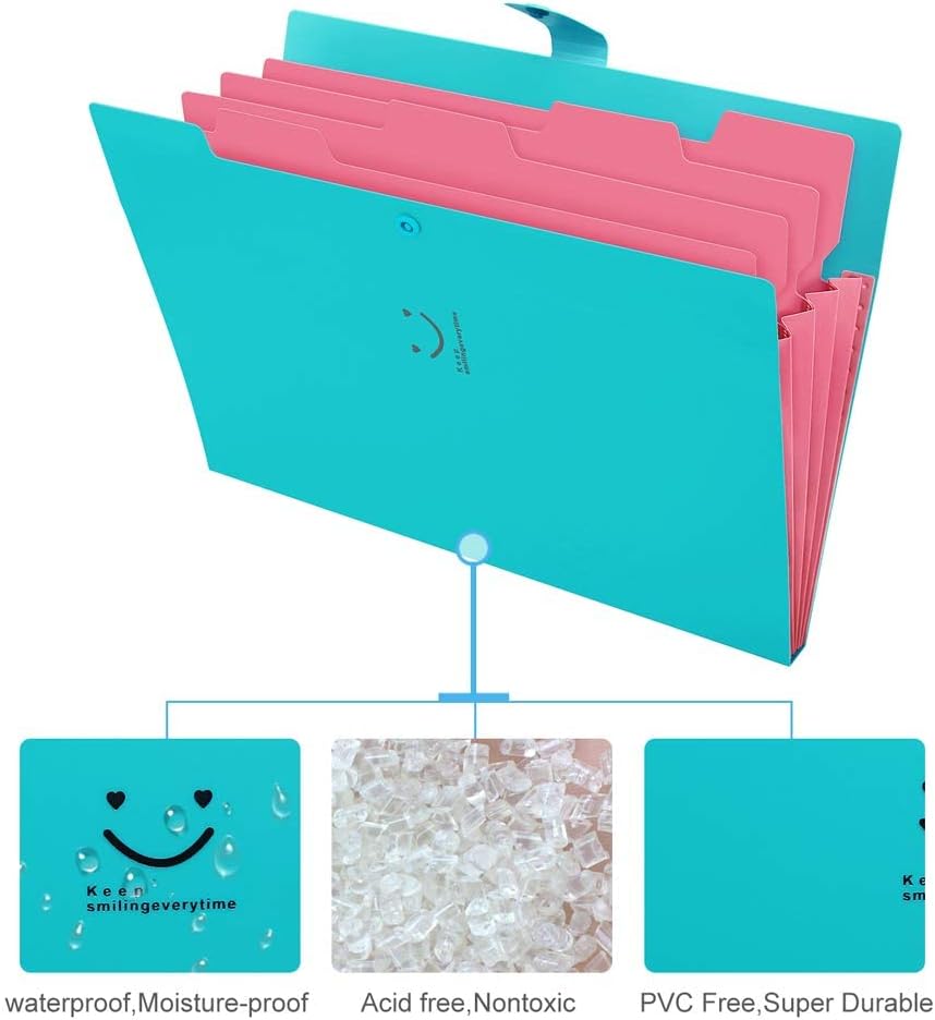 SKYDUE Expanding File Folders with 5 Pockets, Accordion File Organizer with 32 Labels, Portable Document Paper Organizer, Filing Folders, Letter / A4 Size, Pack of 4