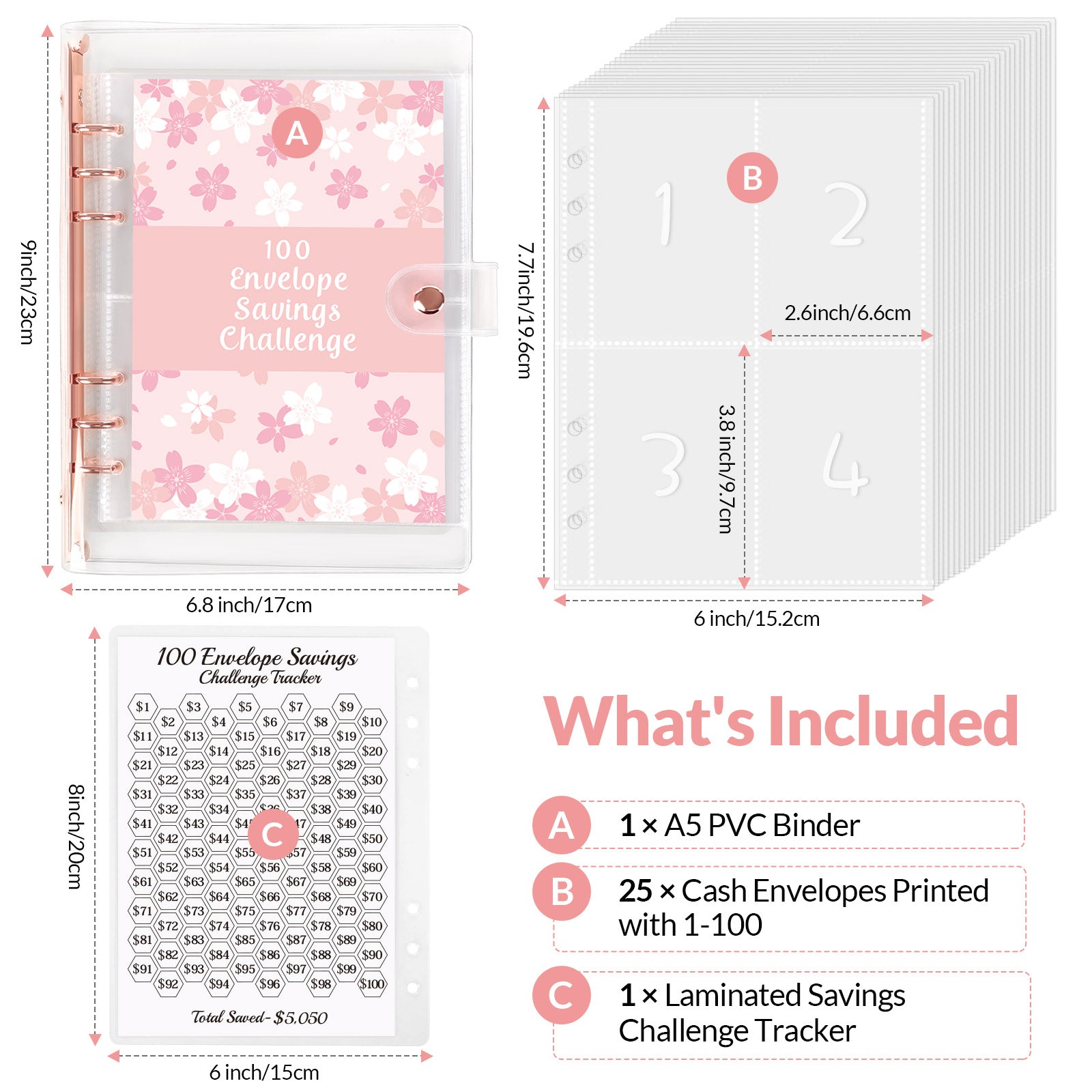 SKYDUE 100 Envelopes Money Saving Challenge Binder, Money Saving Binder with Laminated $5050 Tracker Sheet & Pre-numbered Pockets