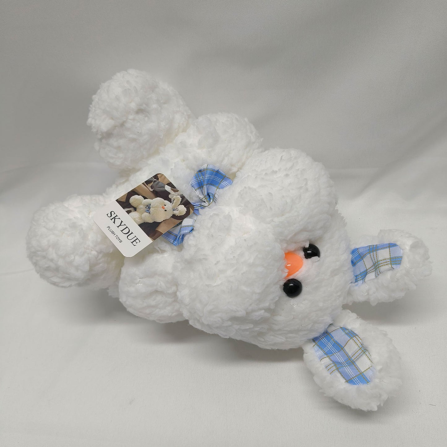 SKYDUE Cute Bunny Plush Toys – Soft Fluffy Stuffed Animal with Blue Plaid Bow, Adorable Easter Bunny Plush Gift for Kids, Baby, and Bunny Lovers