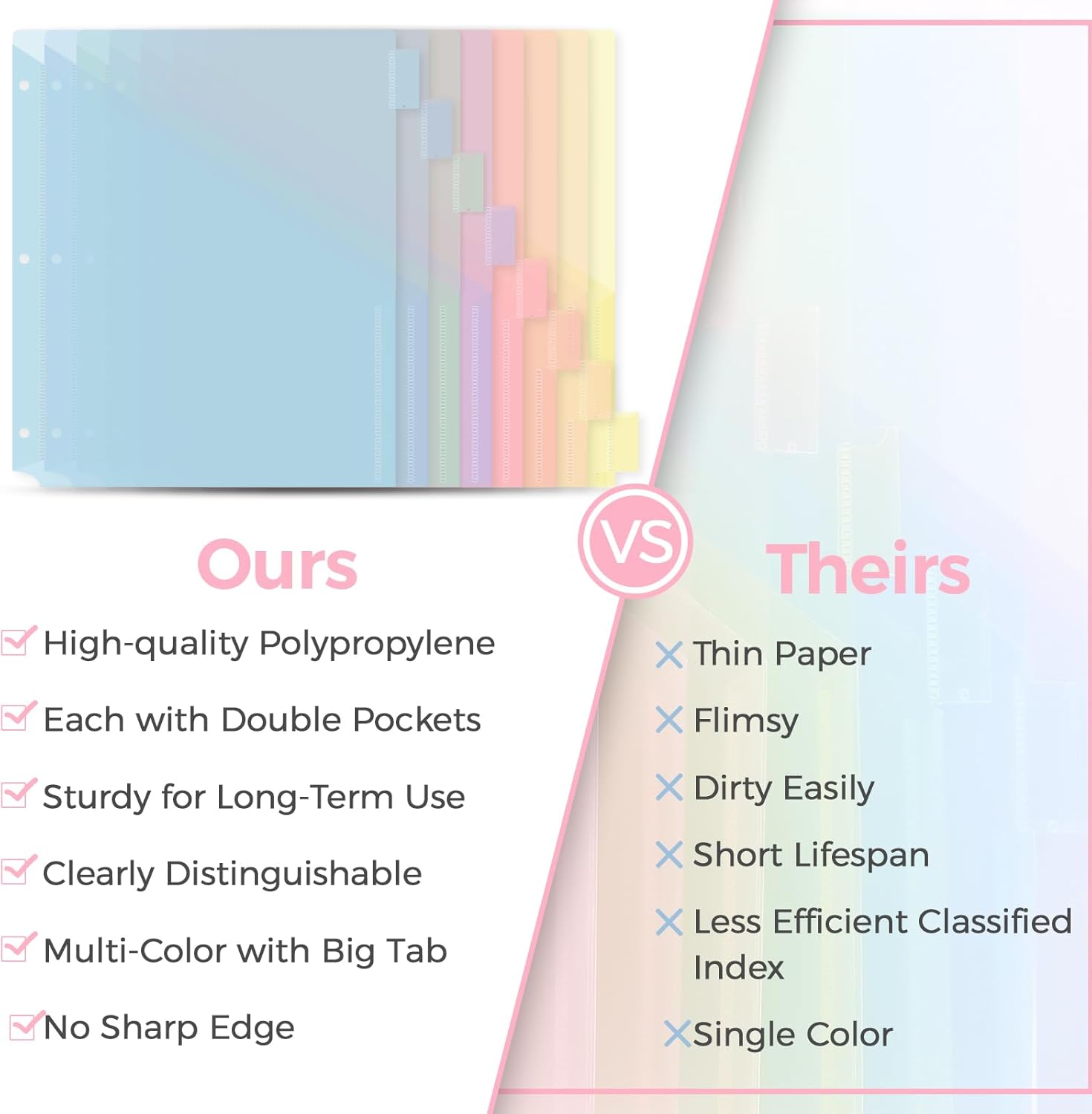 SKYDUE Pastel Binder Dividers with Tabs and Pockets - Soft Plastic Dividers for 3 Ring Binder, Includes 16 Blank Index Labels, for School & Office Organization, Pink