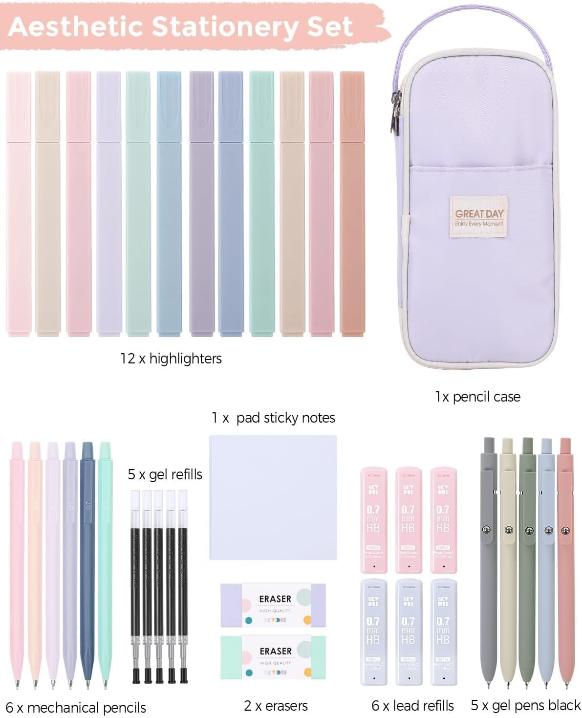 SKYDUE Cute School Supplies 38 PCS, Pencil Case with 12 Pastel Highlighters, 5 Black Gel Pens, Mechanical Pencils, College Essentials Students Stationary Set Pink