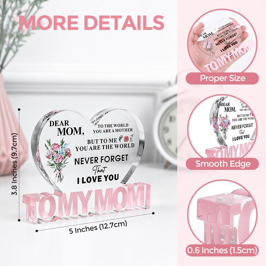 SKYDUE Gifts for Mom from Daughter Son, Heart Shaped "To My Mom" Acrylic Plaque - Meaningful Desk Decor Christmas Gift for Mother, Unique Birthday, Mother's Day, Christmas, Thanksgiving Day Gift Idea