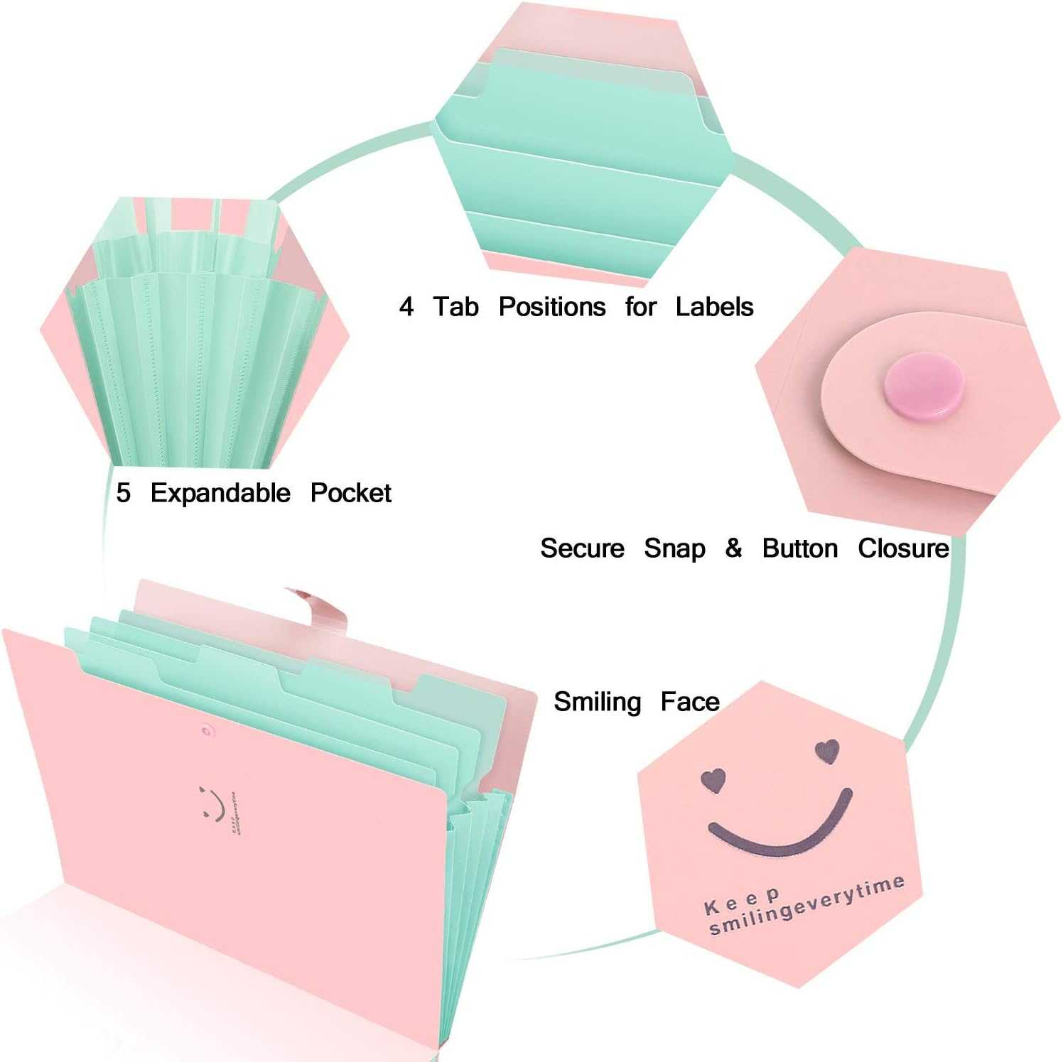SKYDUE Expanding File Folder 5 Pockets Pink