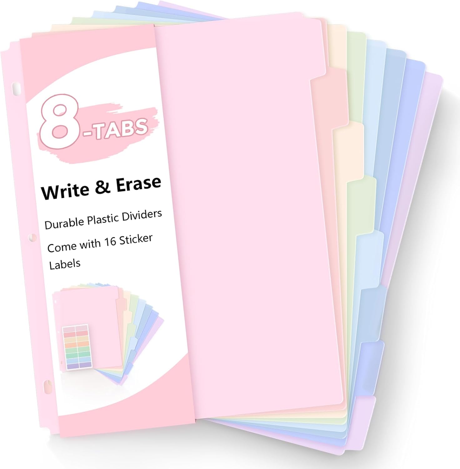 SKYDUE 8 Tab Binder Dividers, Letter Size, Durable Plastic Dividers for 3 Ring Binder, Write & Erase Binder Dividers with Tabs, 1 Set, Aesthetic Pastels Binder Divider for School, Office