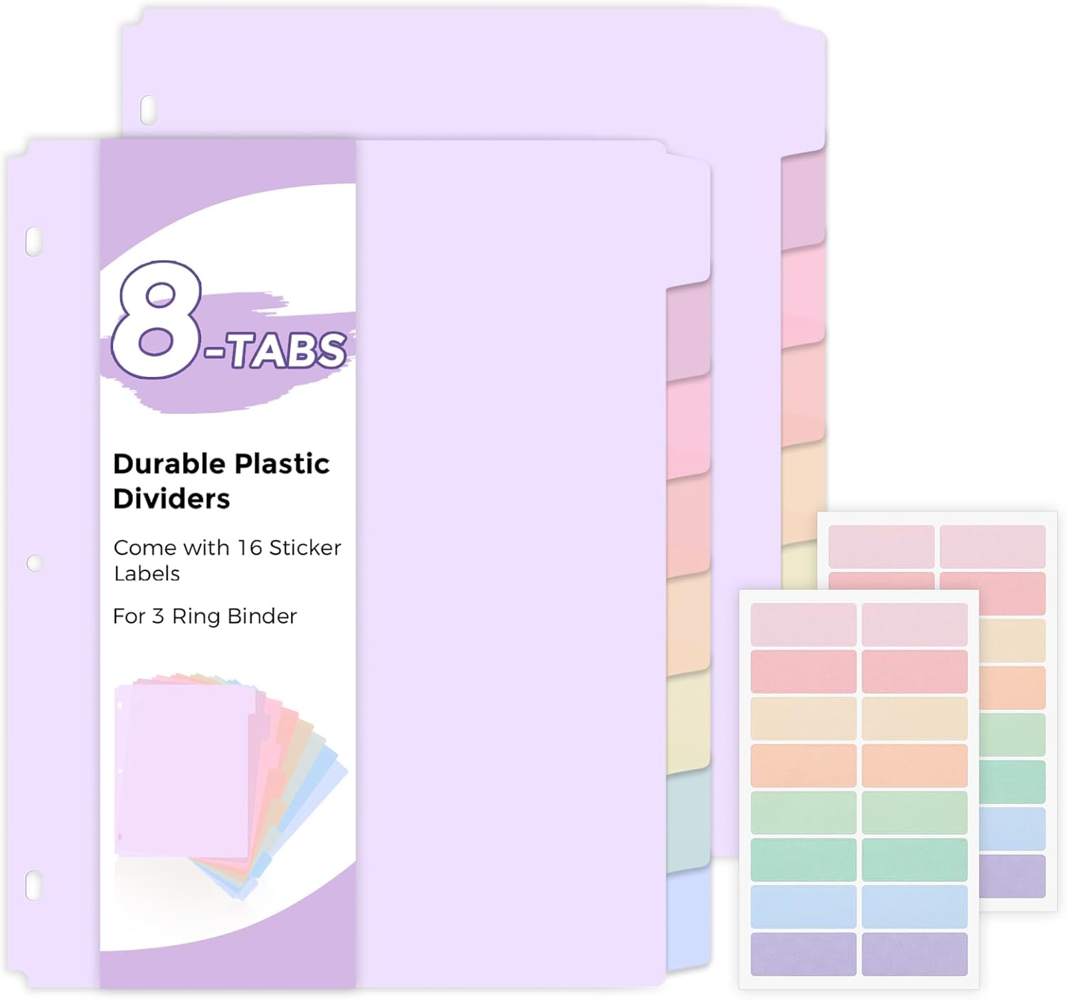 SKYDUE 8 Tab Binder Dividers, Letter Size, Durable Plastic Dividers for 3 Ring Binder, Write & Erase Binder Dividers with Tabs, 1 Set, Aesthetic Pastels Binder Divider for School, Office