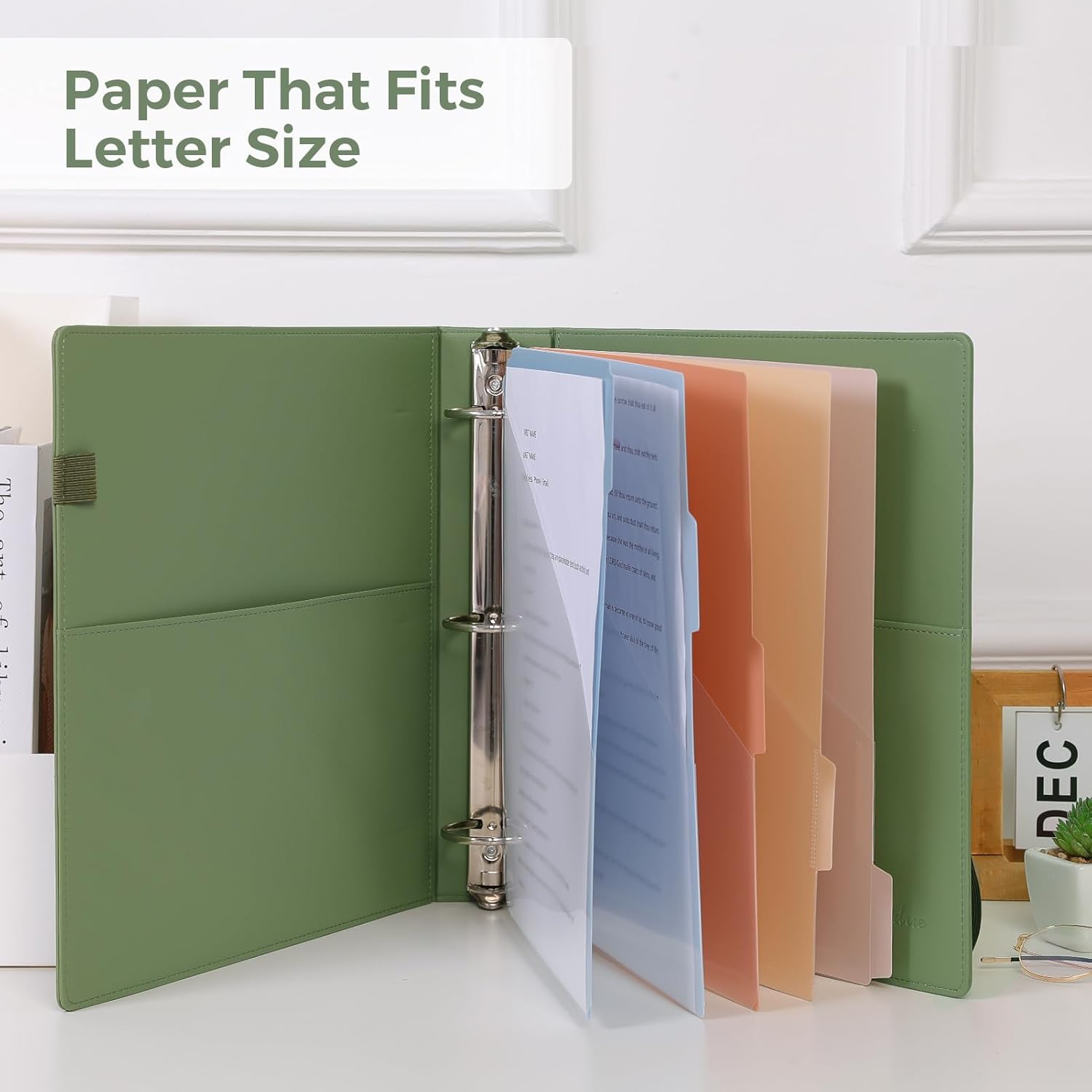 SKYDUE Clipboard Binder with Refillable Notepad, PU Clipboard Folder Includes 5 Dividers with 10 Pockets, Labels, 3 Ring Binder 1 Inch for School Office (Fit Letter Sized Paper),Olivegreen