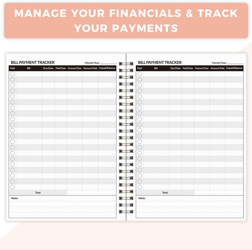 Bill Tracker Notebook, Monthly Bill Payment Checklist, 6" x 8.5", Bill Organizer with Back Pocket for Personal Budgeting Financial, 128 Pages