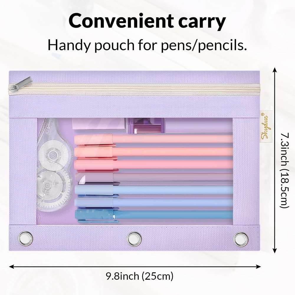SKYDUE 3 Ring Pencil Pouch for Binder, Zipper Binder Pencil Pouch with 3 Pockets and Mesh Window, Durable Organizer for School Supplies, Cables, Earbuds, Makeup