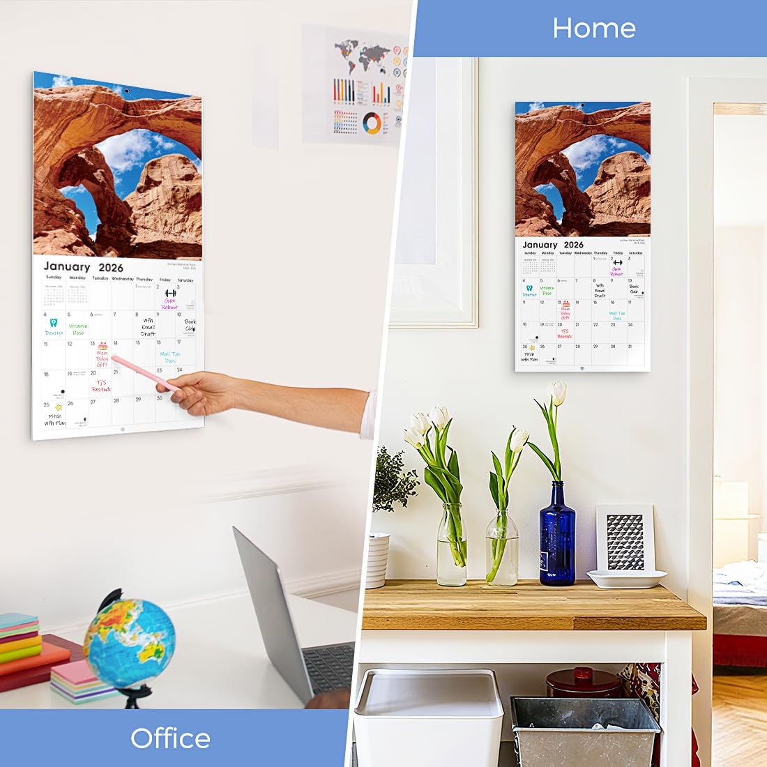 SKYDUE 2026 Wall Calendar 12"x24" Opened, 18-Month Puppy Dog Calendar from January 2026 to June 2027 with Stickers, Thick Paper Monthly Calendar for Home Office Organizing & Planning