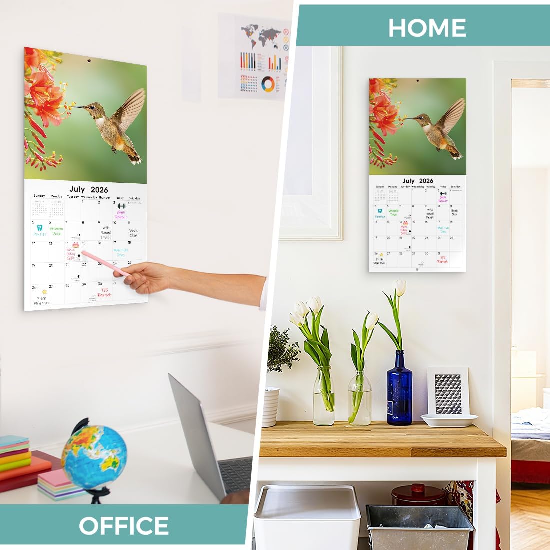 SKYDUE 2026 Wall Calendar 12"x24" Opened, 18-Month Puppy Dog Calendar from January 2026 to June 2027 with Stickers, Thick Paper Monthly Calendar for Home Office Organizing & Planning