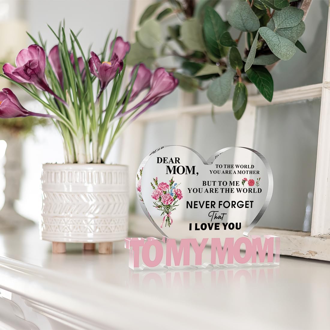 SKYDUE Gifts for Mom from Daughter Son, Heart Shaped "To My Mom" Acrylic Plaque - Meaningful Desk Decor Christmas Gift for Mother, Unique Birthday, Mother's Day, Christmas, Thanksgiving Day Gift Idea