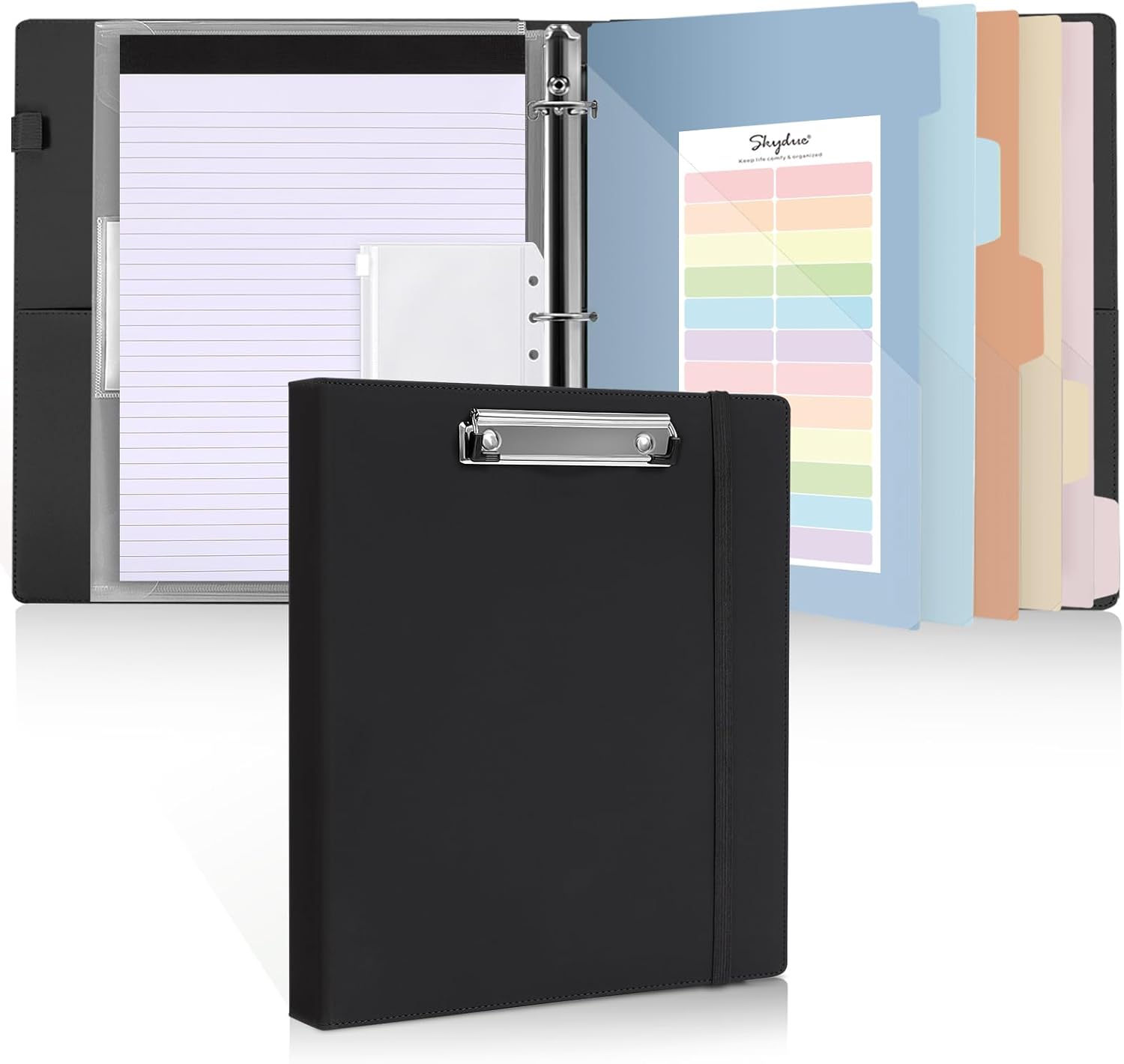 SKYDUE Clipboard Binder with Refillable Notepad, PU Clipboard Folder Includes 5 Dividers with 10 Pockets, Labels, 3 Ring Binder 1 Inch for School Office (Fit Letter Sized Paper),Olivegreen