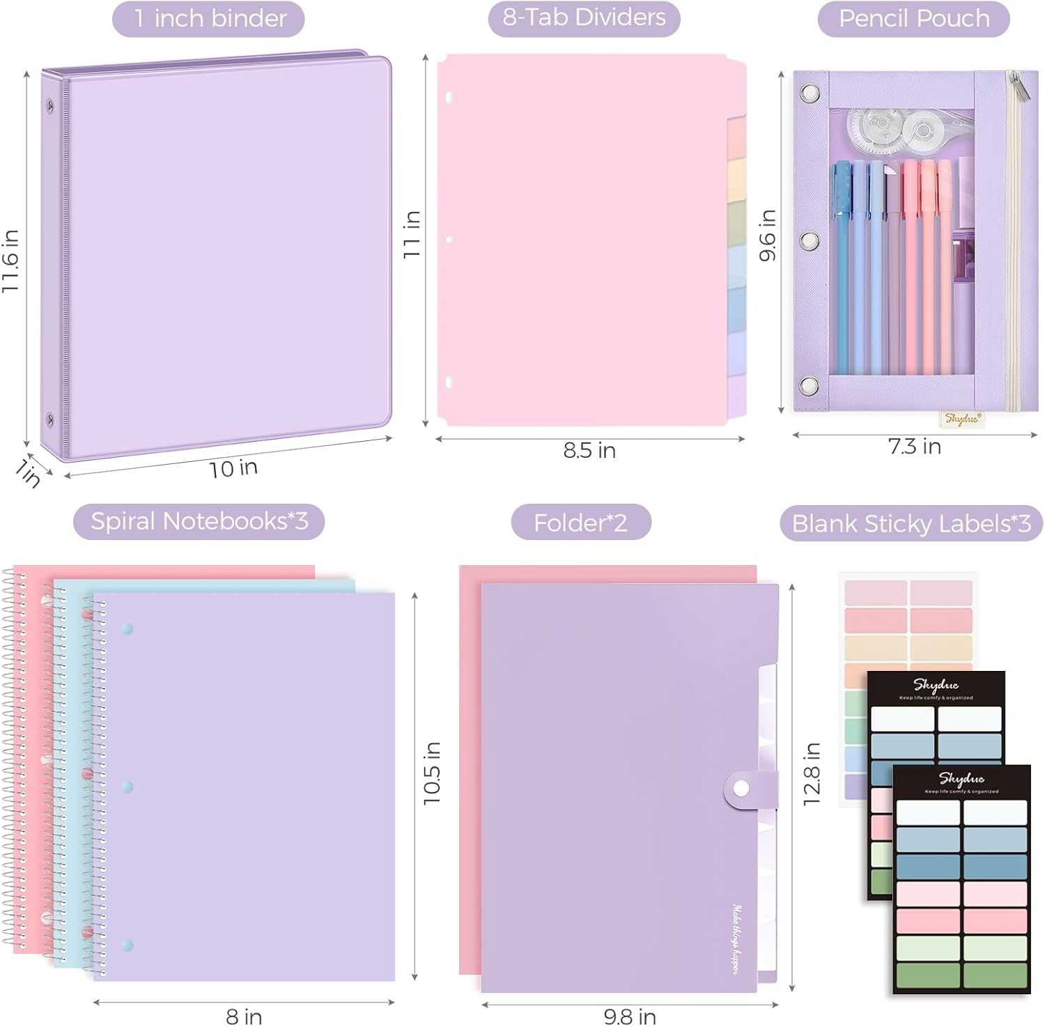 SKYDUE School Supplies Set – 1" 3-Ring Binder, 2 Expanding File Folders, 3 Spiral Notebooks, 8 Tab Dividers & Pencil Pouch – Cute Stationery for High School Stude, College Essentials Purple