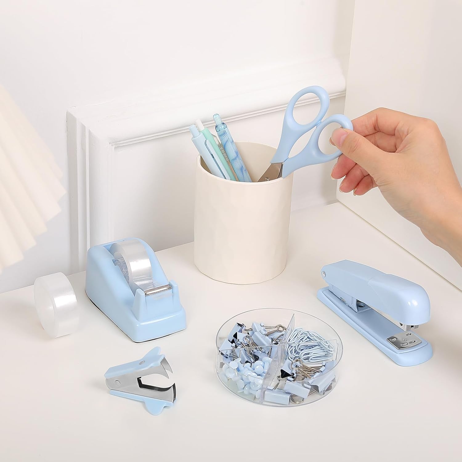 SKYDUE Pink Office Desk Accessories, Pink Office Supplies, Stapler, Tape Dispenser, Scissors, Clips and 1000pcs Staples,Office Supplies for Desk for Women