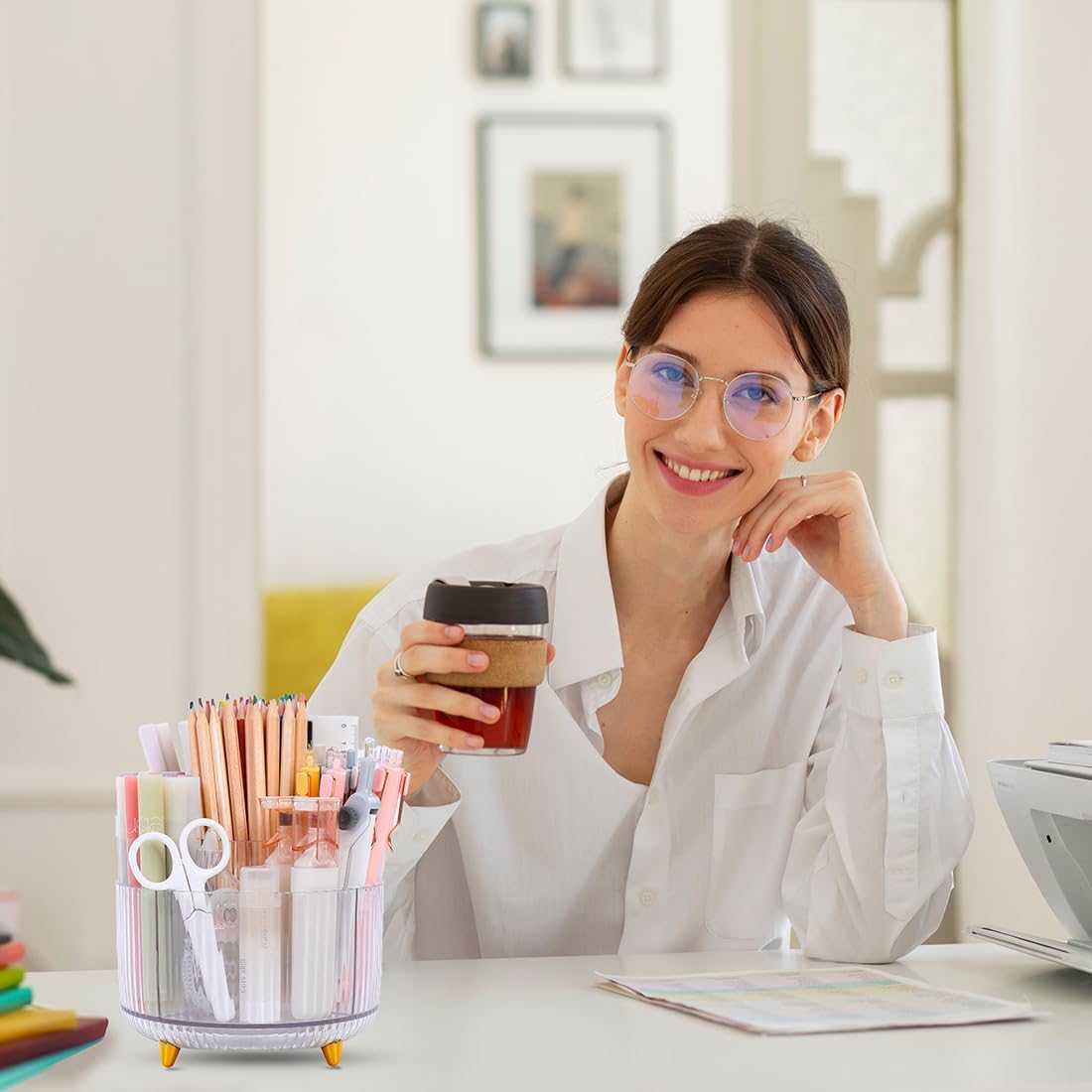 SKYDUE Rotating Pencil Pen Holder, Pen Organizer with 5 Slots - Aesthetic Desk Organizer and Accessories for School, Home, Office Supplies, Clear Pink