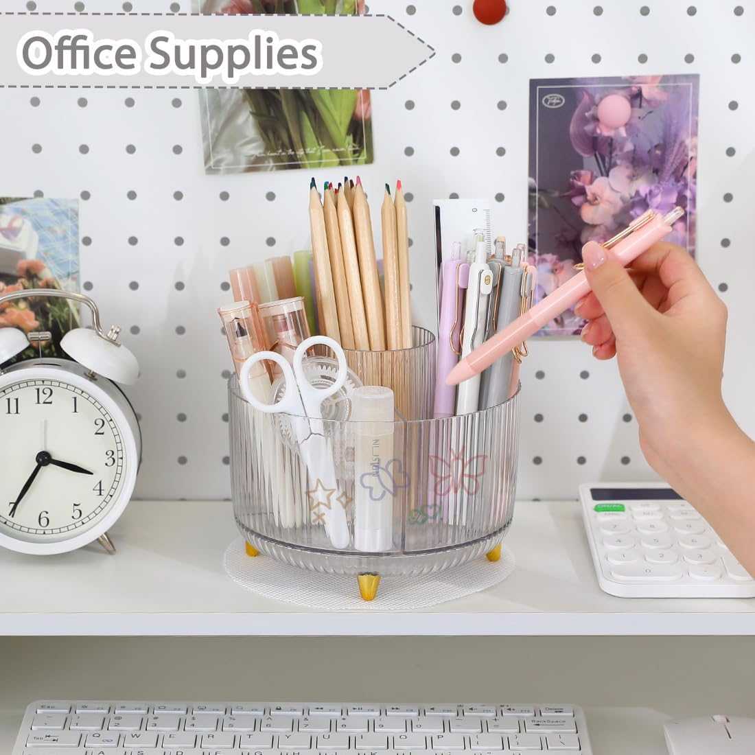 SKYDUE Rotating Pencil Pen Holder, Pen Organizer with 5 Slots - Aesthetic Desk Organizer and Accessories for School, Home, Office Supplies, Clear Pink