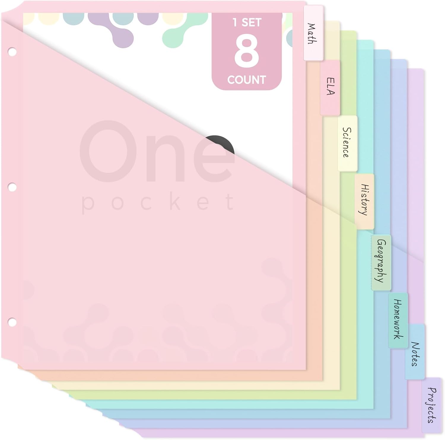 SKYDUE Binder Dividers with Tab, Pastel Dividers for 3 Ring Binder with Pockets – 8-Tab Durable Plastic Binder Dividers, Single Pocket File Organizers with Matching Label Stickers
