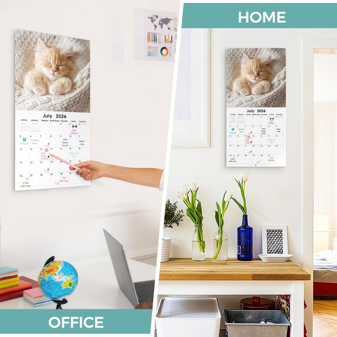 SKYDUE 2026 Wall Calendar 12"x24" Opened, 18-Month Puppy Dog Calendar from January 2026 to June 2027 with Stickers, Thick Paper Monthly Calendar for Home Office Organizing & Planning