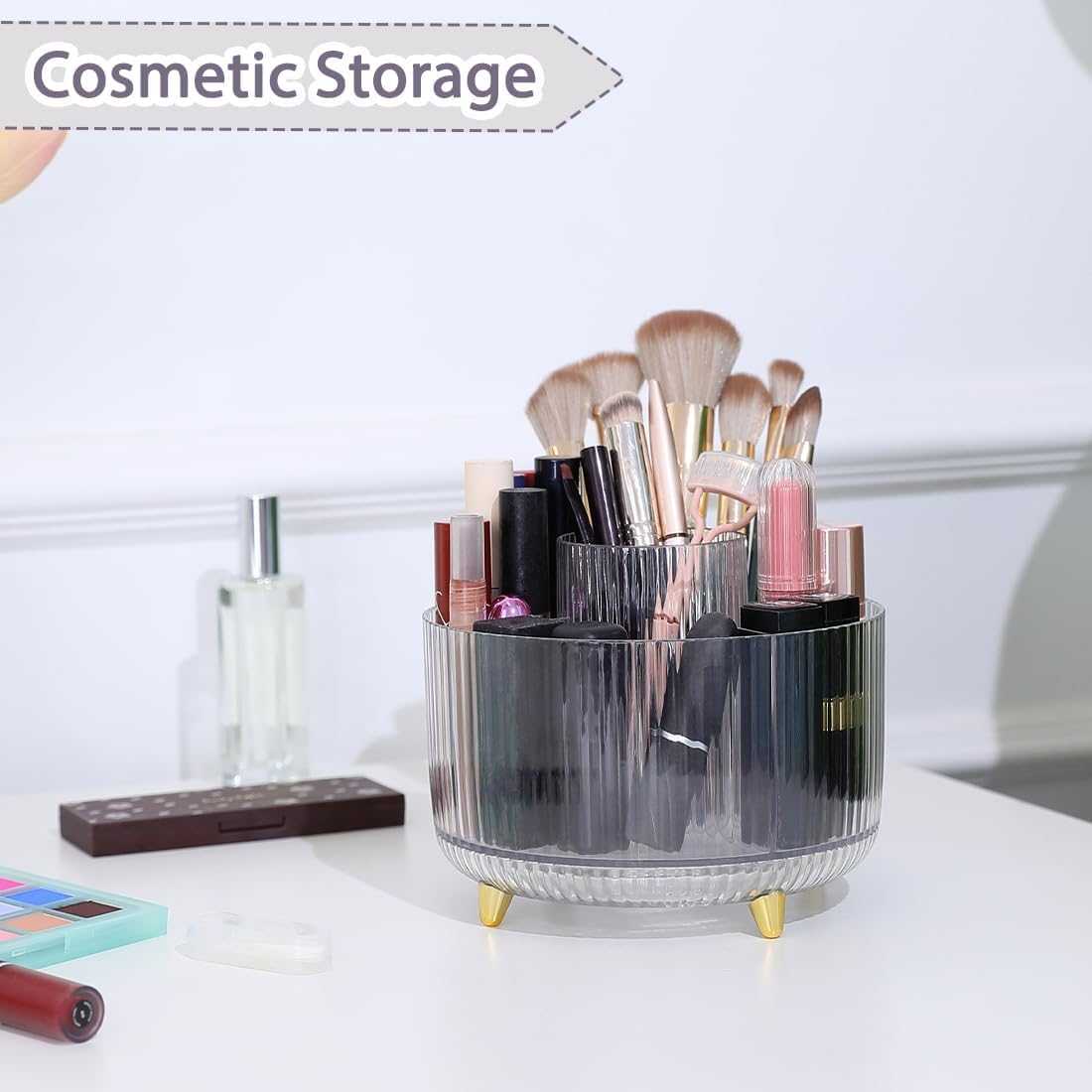 SKYDUE Rotating Pencil Pen Holder, Pen Organizer with 5 Slots - Aesthetic Desk Organizer and Accessories for School, Home, Office Supplies, Clear Pink