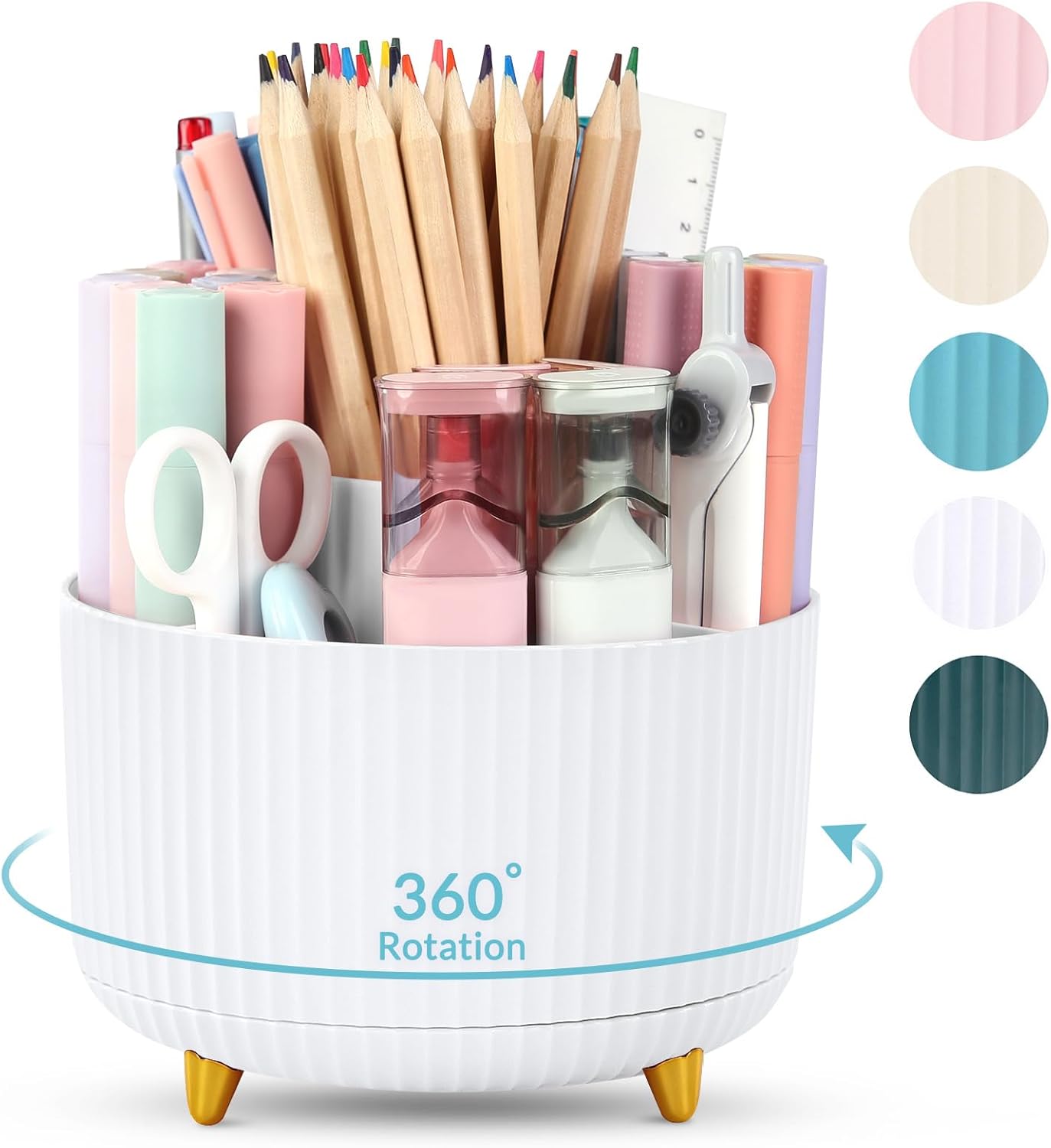 SKYDUE 360 Rotating Plastic Desk Pen Organizer with 5 Slots, Dual-Purpose Art Supply Pencil Cup for Office, School, Home